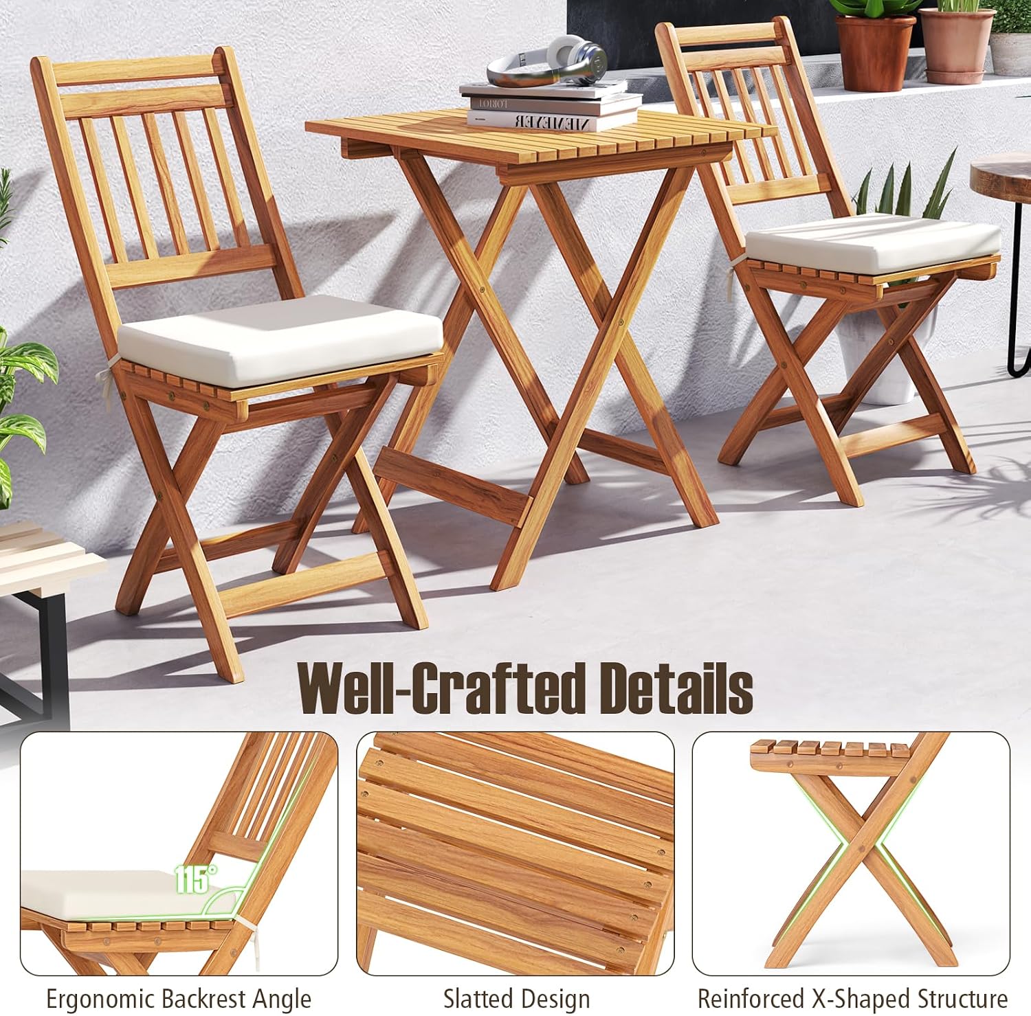Tangkula Acacia Wood Patio Bistro Set of 3, Outdoor Folding Chair Table Set with Soft Seat Cushions, High Back Armless Chairs with Table, Patio Cushioned Dining Set for Backyard, Poolside (Off White)