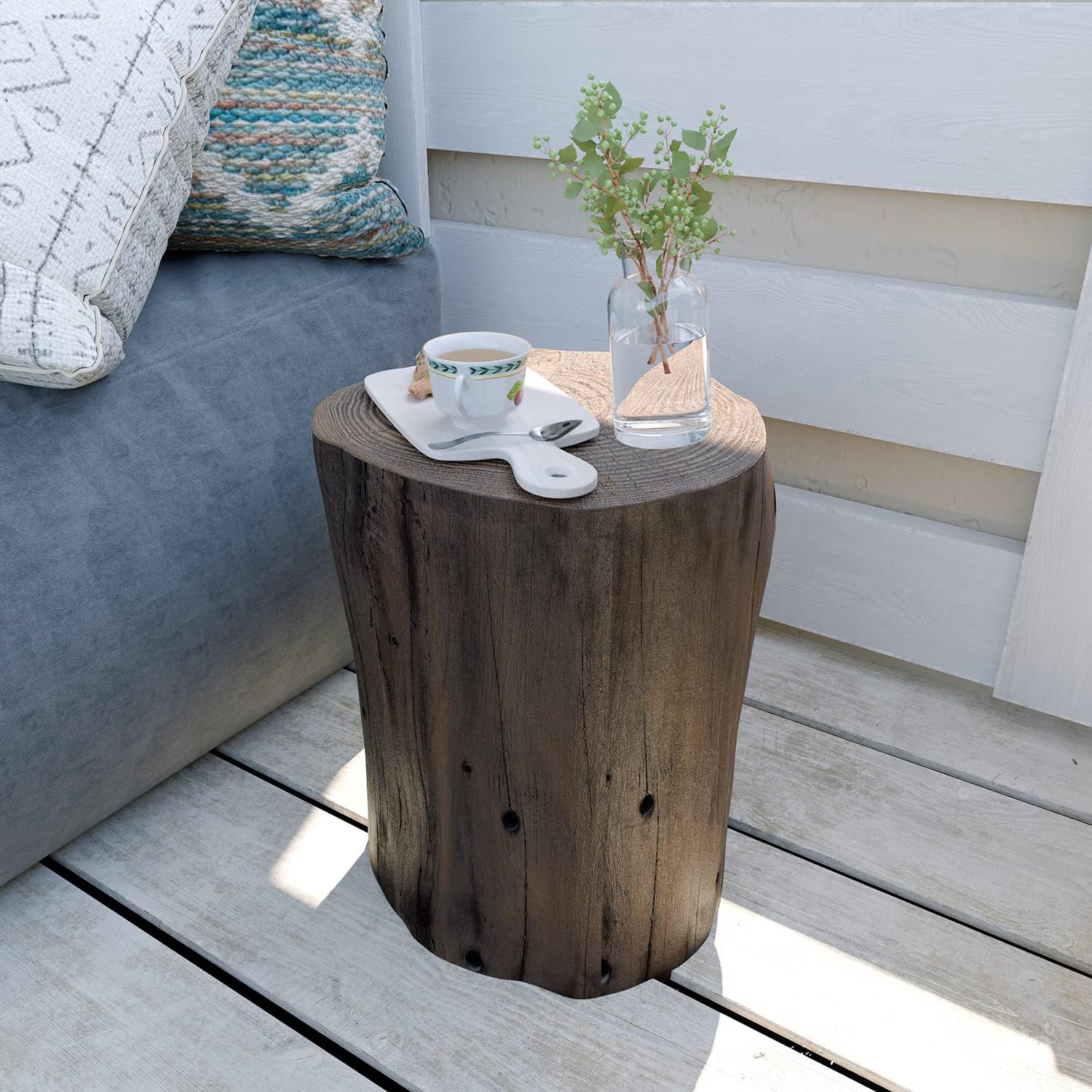 HOMPUS Concrete Outdoor Side Table Set of 2, 2 Piece Tree Stump Modern Round Coffee Table Accent Set Plant Stand Faux Wood End Table Garden Stool for Patio,Home Decor, Living Room, Dark Walnut
