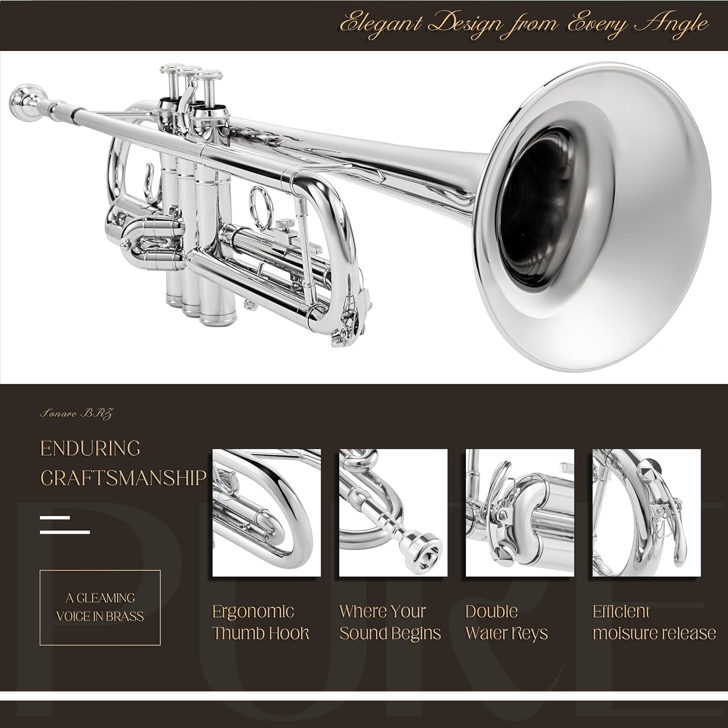AKLOT Hand-Hammered Bell Bb Trumpet: Smooth Valve Action, Clear-Lacquered Brass Body, Standard Trumpet Beginner Set with Leather Case, Lesson Book, Trumpet Mute, Mouthpiece, Cleaning Kit (SNR-BrzSS)