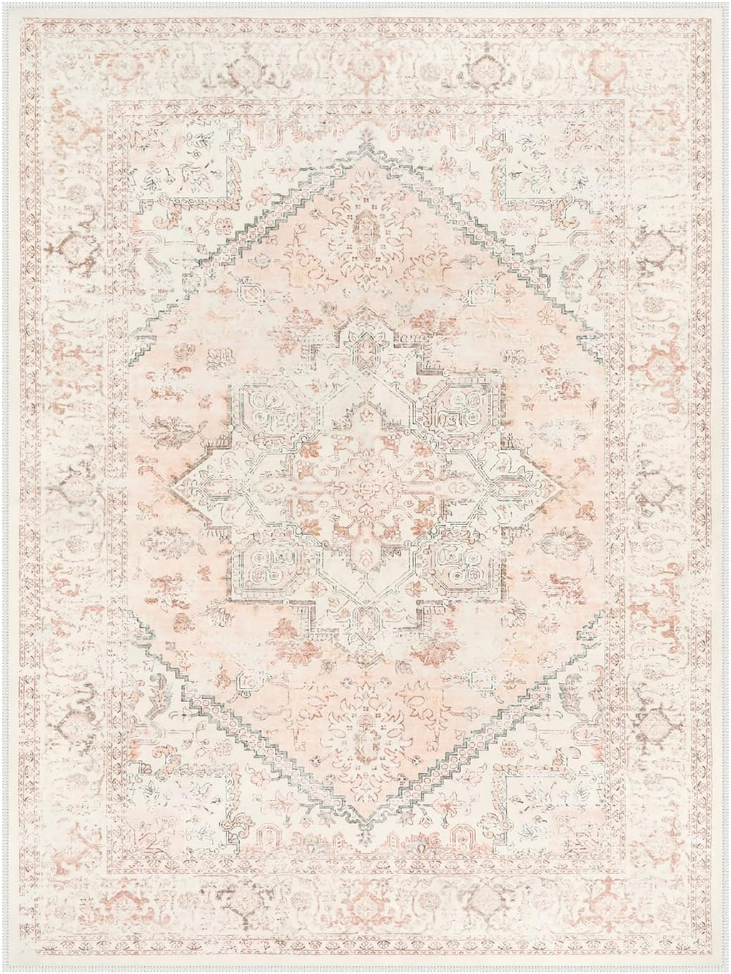 LIVEBOX Washable 9x12 Area Rug, Large Rugs for Living Room Boho Soft Non-Slip Rugs, Pink Low-Pile Vintage Medallion Rug, Retro Non-Shedding Indoor Carpet for Dining Room Bedroom Office