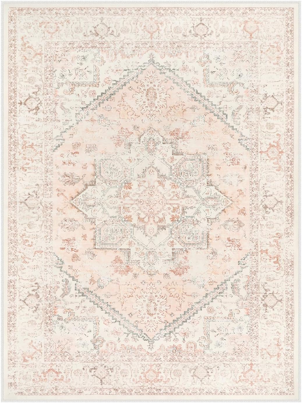 LIVEBOX Washable 9x12 Area Rug, Large Rugs for Living Room Boho Soft Non-Slip Rugs, Pink Low-Pile Vintage Medallion Rug, Retro Non-Shedding Indoor Carpet for Dining Room Bedroom Office