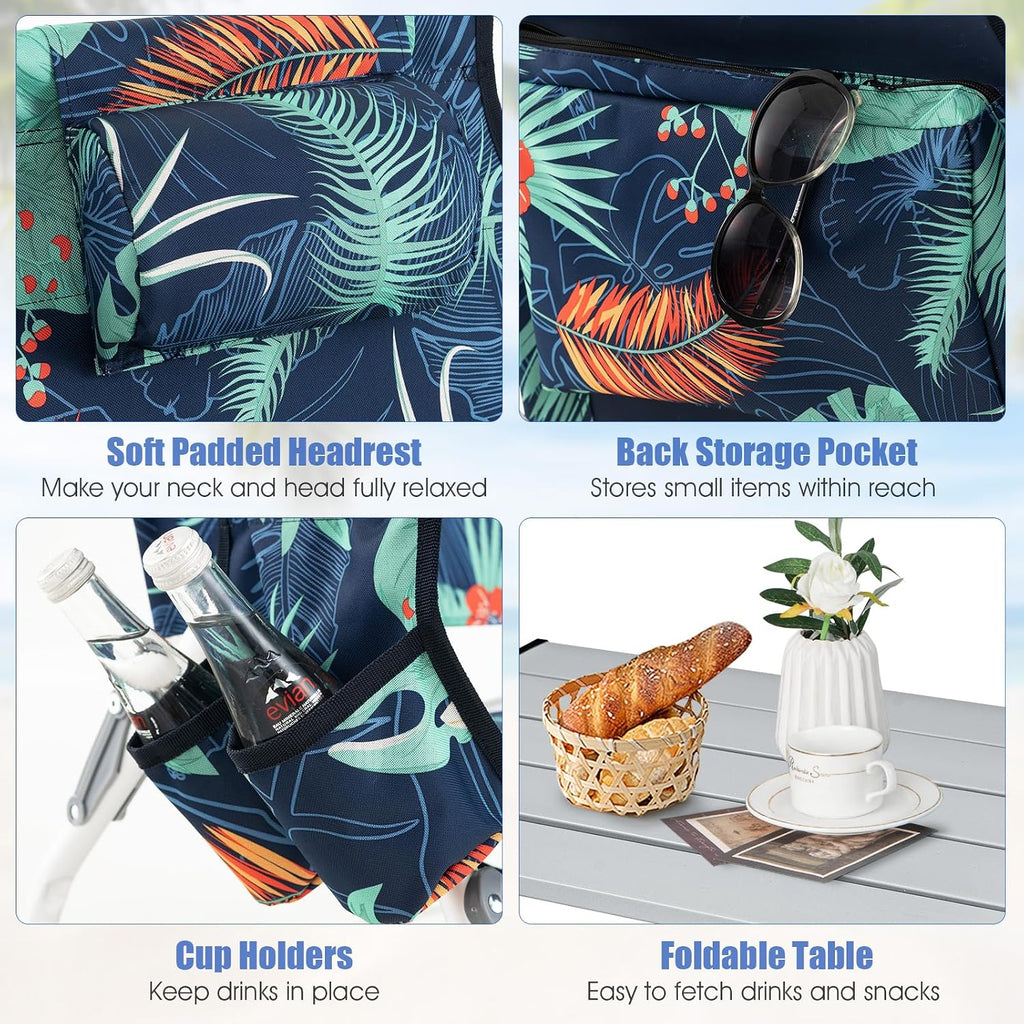 Tangkula Backpack Beach Chair with Table, 5-Position Lay Flat Chairs with Cooler Bag, 2 Cup Holders, Towel Bar, Lightweight Low Folding Chair with Backpack Straps