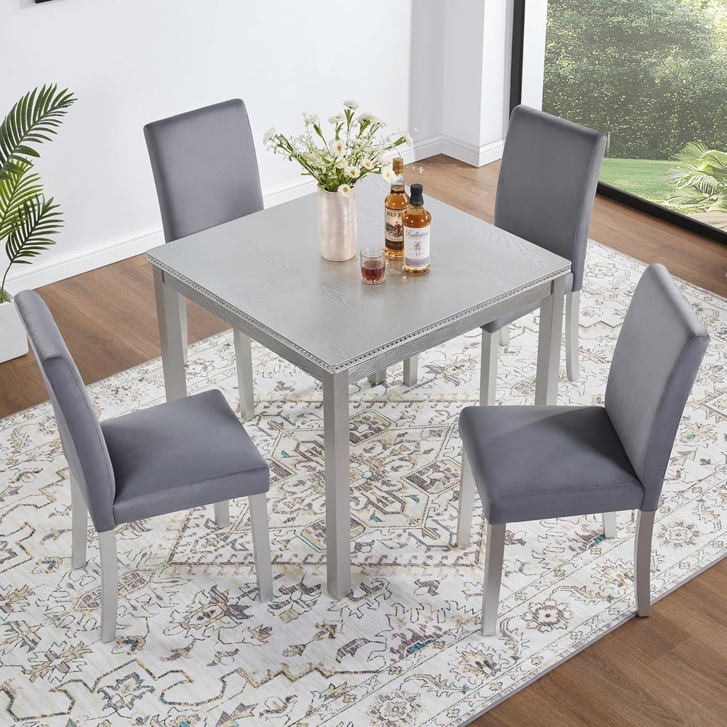 LUMISOL 5 Piece Wooden Dining Table Set, Farmhouse Kitchen Table Set with a Square Table and 4 Upholstered Chairs, Dining Room Table with Crystal Decoration and Chairs Set, Sliver Grey