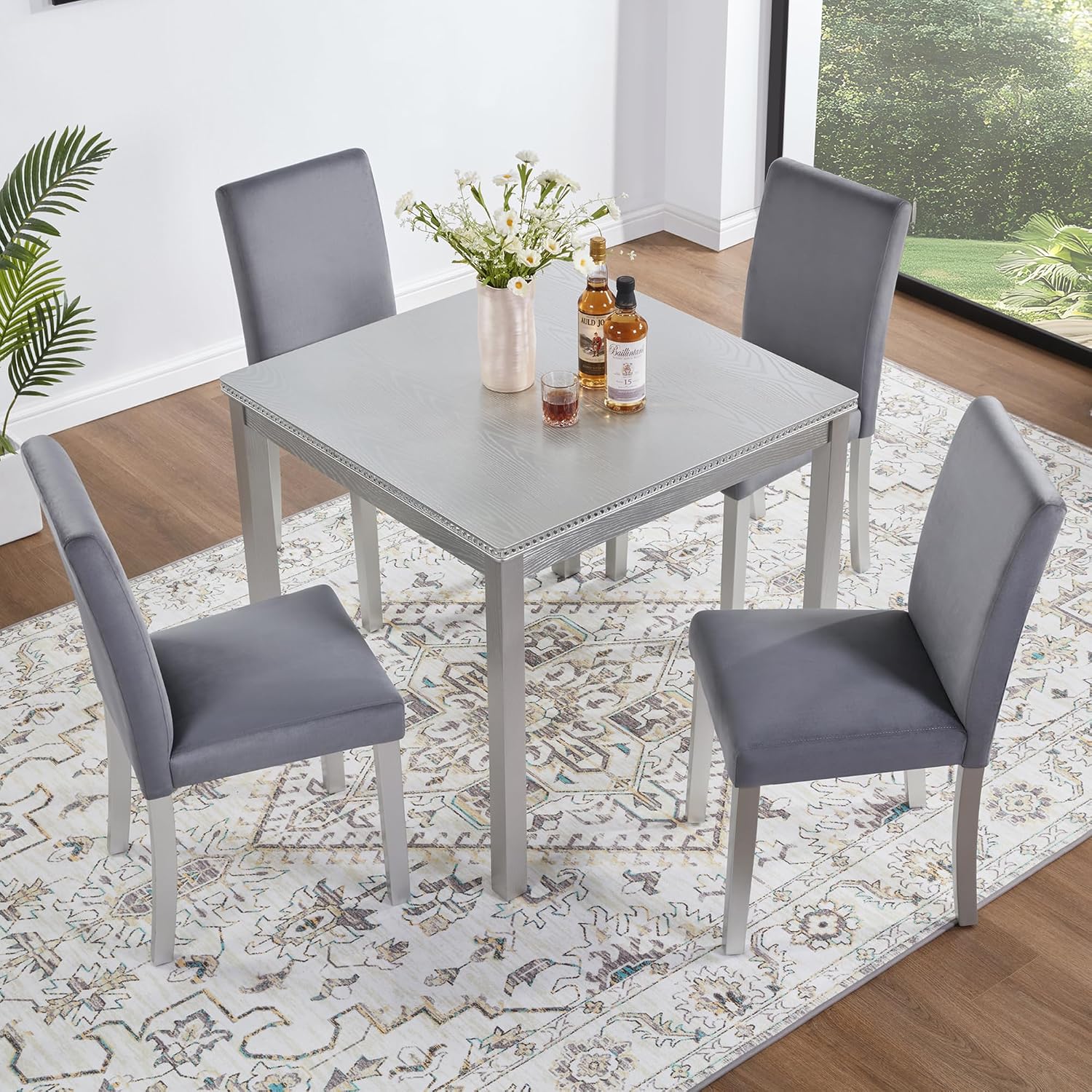 LUMISOL 5 Piece Wooden Dining Table Set, Farmhouse Kitchen Table Set with a Square Table and 4 Upholstered Chairs, Dining Room Table with Crystal Decoration and Chairs Set, Sliver Grey