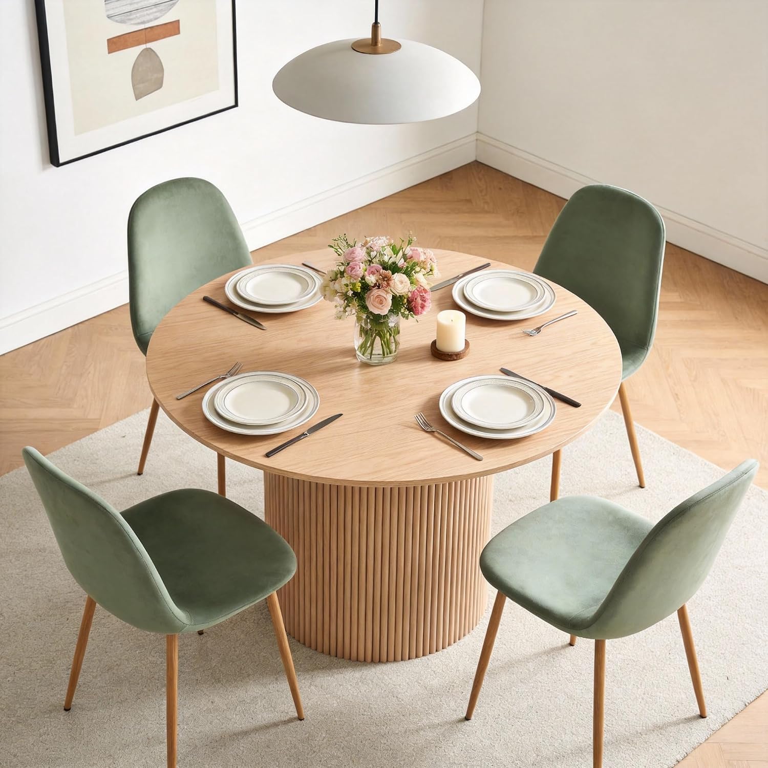 Dining Table Set for 4, Mid Century Modern 47 Inch Wooden Round Dining Table Set, Space Saving (Table + 4 Green Chairs)