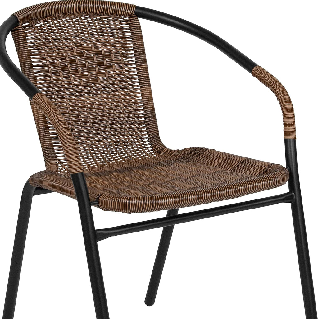 Flash Furniture Lila 28'' Square Glass Metal Table with Dark Brown Rattan Edging and 4 Dark Brown Rattan Stack Chairs