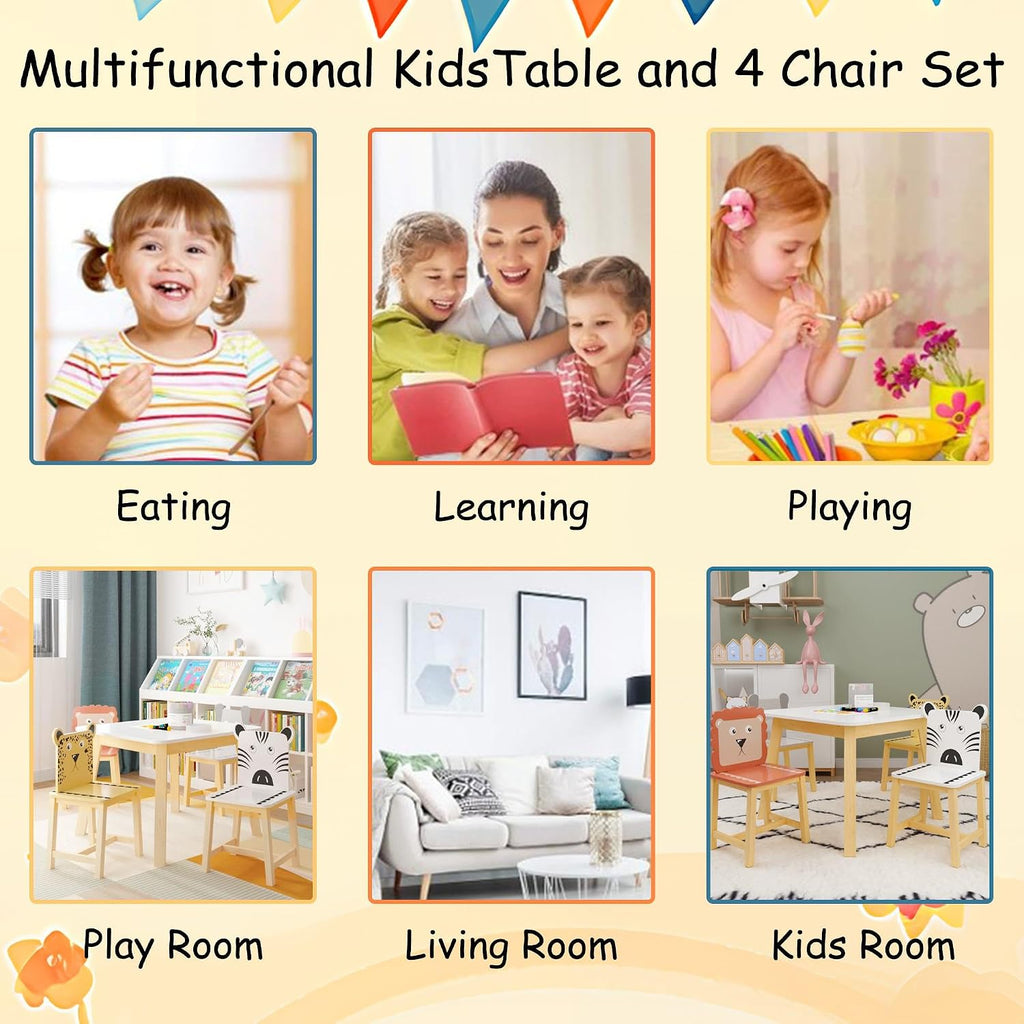 GDFStudio Toddler Table and Chair Set, 5-Piece Kids Dinner Table and Chairs for Ages 3-8, Cartoon Animals Solid Wood Play Table for Drawing, Study, Dining Room, Nursery and Kindergarten, White