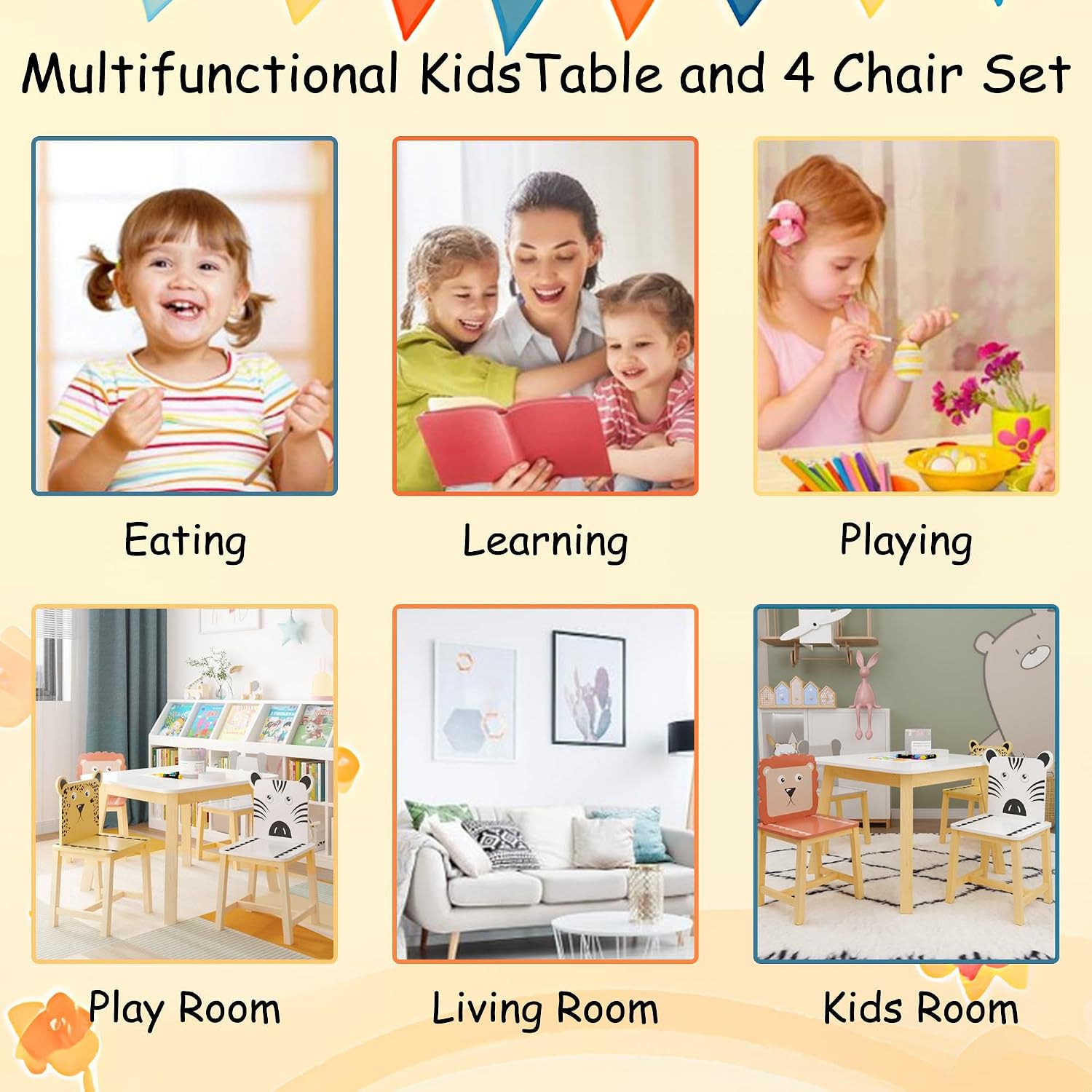 GDFStudio Toddler Table and Chair Set, 5-Piece Kids Dinner Table and Chairs for Ages 3-8, Cartoon Animals Solid Wood Play Table for Drawing, Study, Dining Room, Nursery and Kindergarten, White