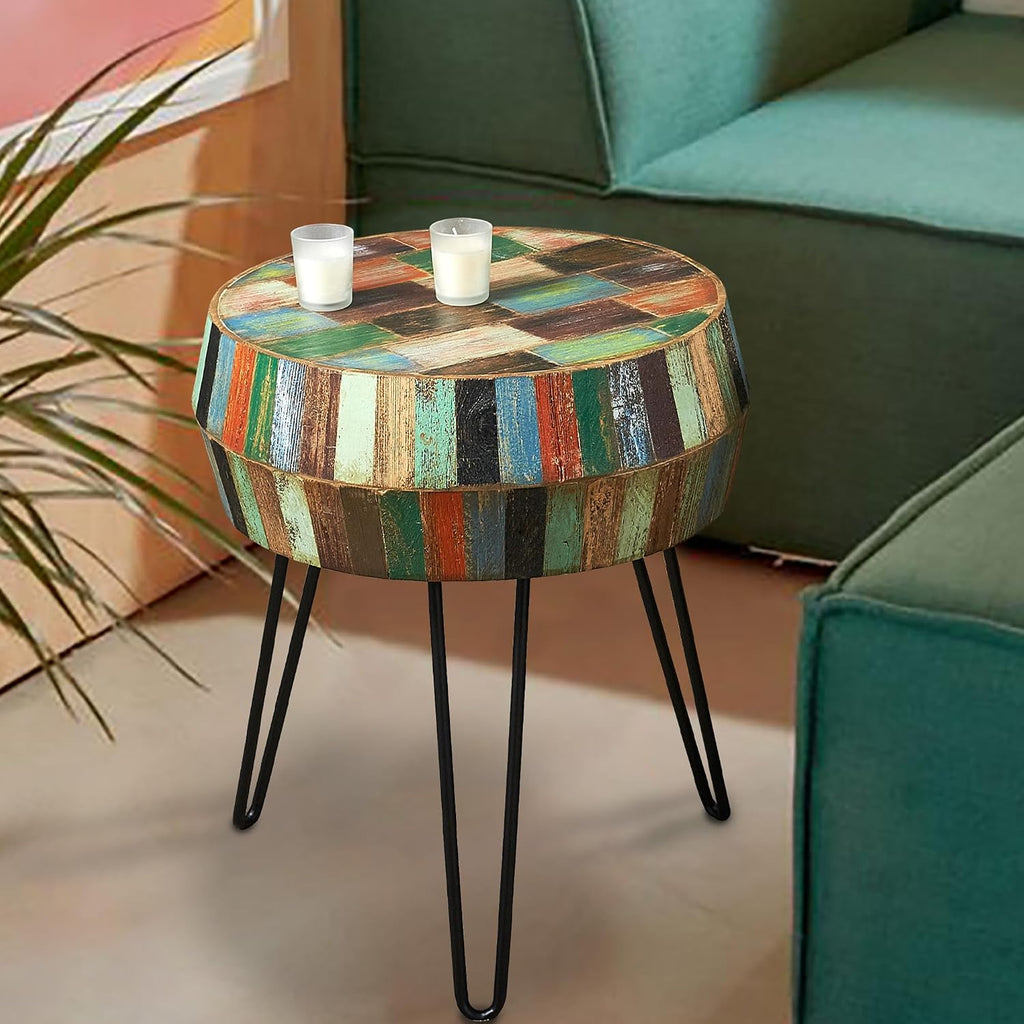 Multicolor Wood Round Drum Side Table 18.2'x18.2'x23.6'H Reclaimed Wooden Farmhouse Rustic Coffee End Table Vintage Accent Plant Stand Outdoor Living Room Bedroom Patio Home Decor