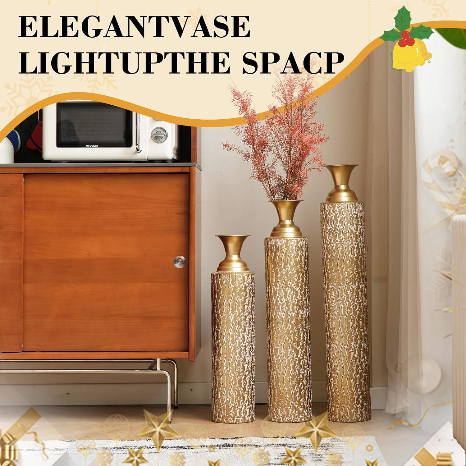 Floor Metal Decorated Vases Set of 3 for Gorgeous Home Decoration Large Glazed Metal Vases (Matte Gold)
