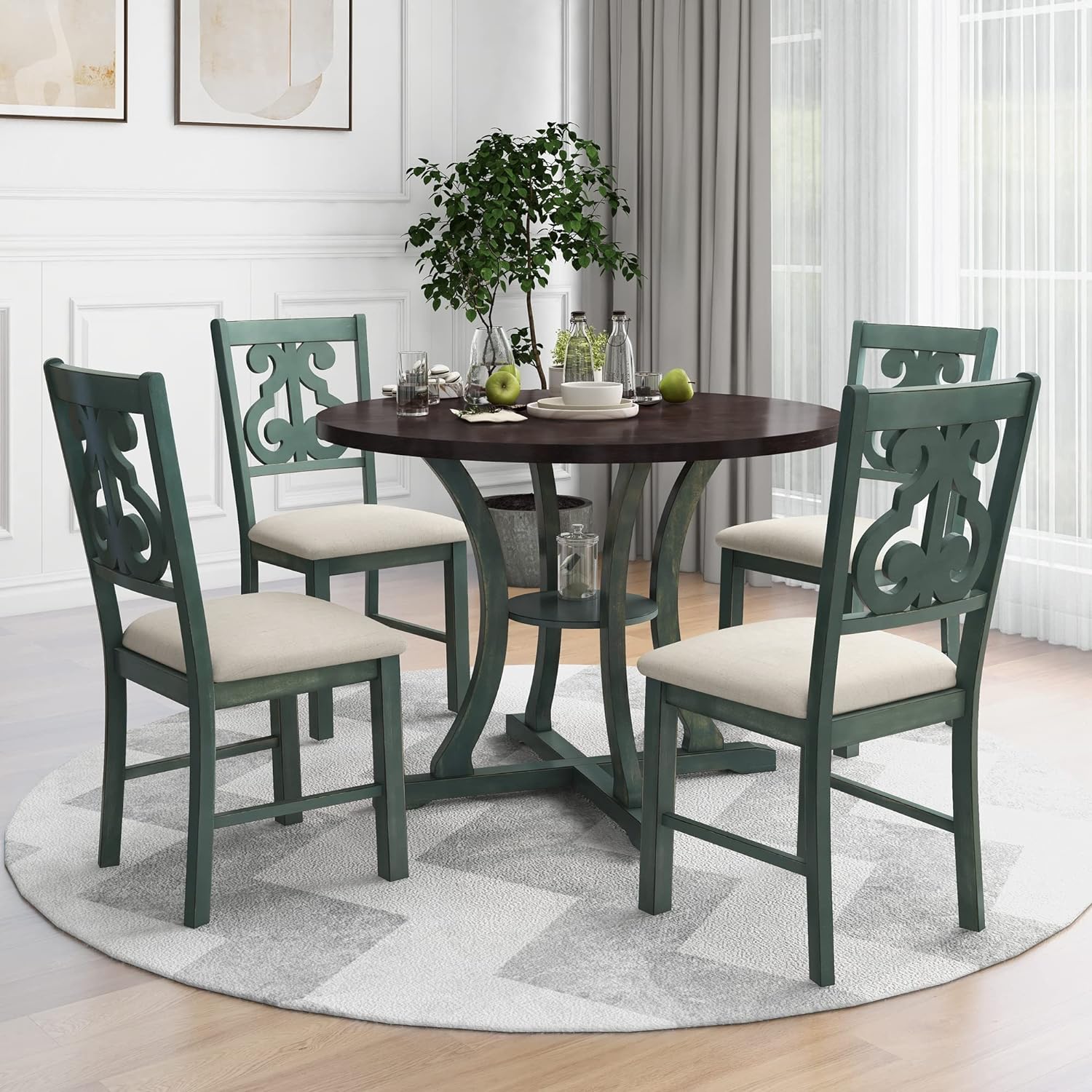 Harper & Bright Designs 5-Piece Round Table Set with Shelf, Wooden Family Dining Table