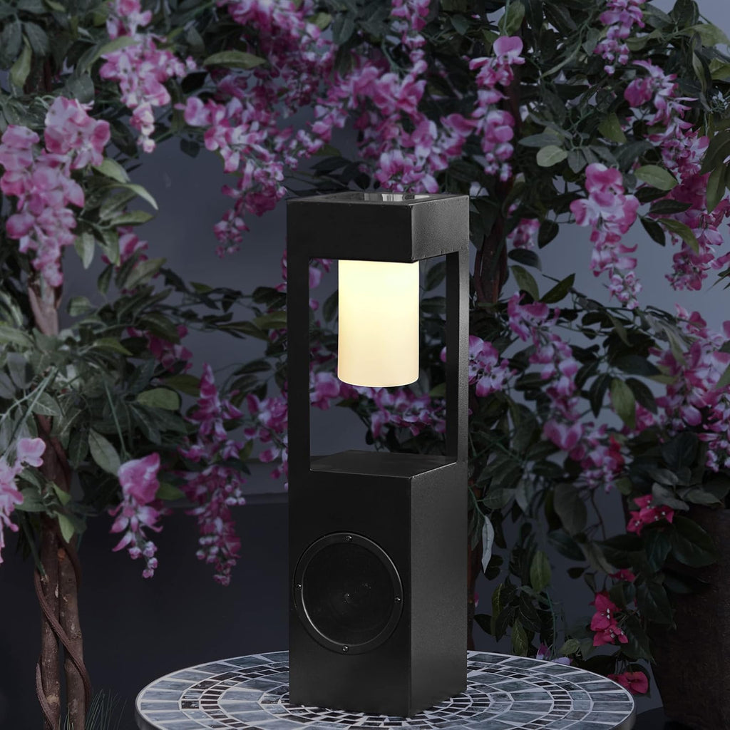 Alpine Corporation Outdoor Solar Metal Bluetooth 5.0 Speaker Plays 50 Foot Sound Range with Ground Stake and LED Lights, 24' H, Black