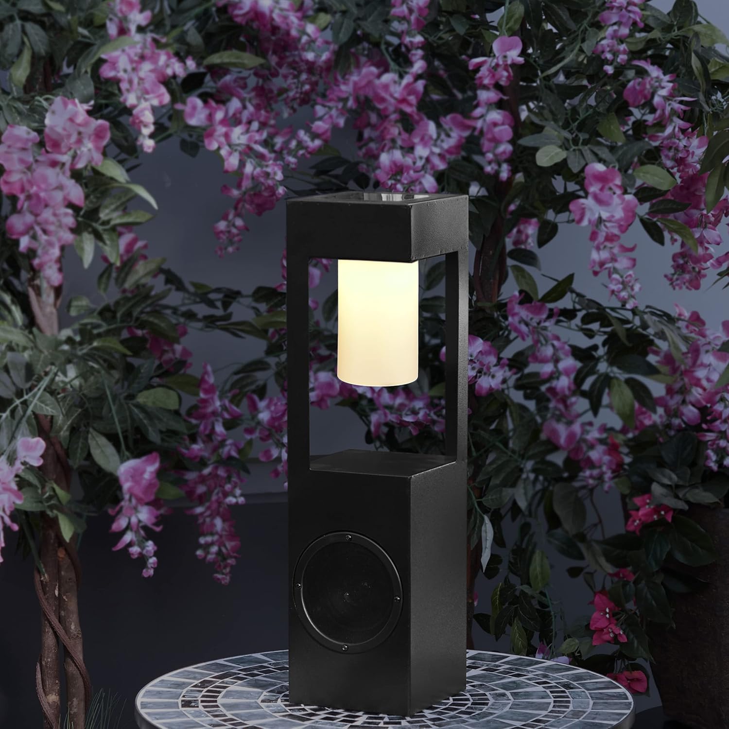 Alpine Corporation Outdoor Solar Metal Bluetooth 5.0 Speaker Plays 50 Foot Sound Range with Ground Stake and LED Lights, 24' H, Black