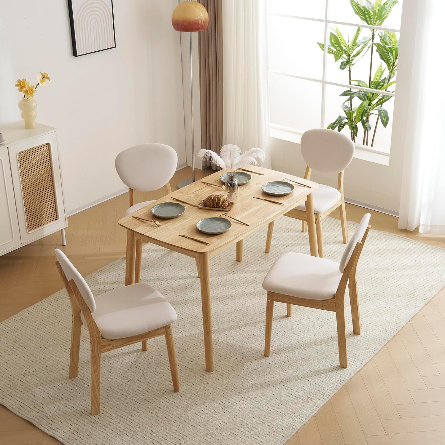 Karl home Mid-Century Modern 5-Piece Wood Dining Table Set for 4, Compact Mid-Century Modern Kitchen Table and Chairs for Kitchen/Small Apartment/Dining Room, Padded Seats & Backrests (Nature)