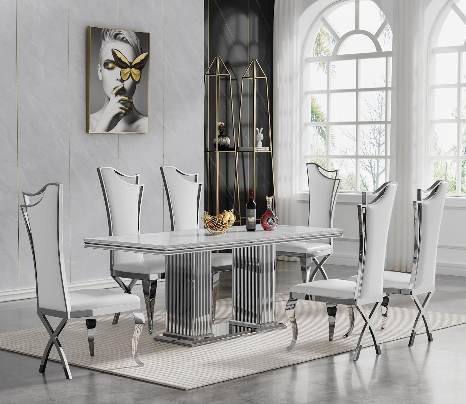 68' White Marble Dining Table for 6 to 8, Luxury Large Rectangular Faux Marble Tabletop & Silver Double Pedestal Base, Mid Century Modern Kitchen Dining Room Table for Dinner Family Gathering