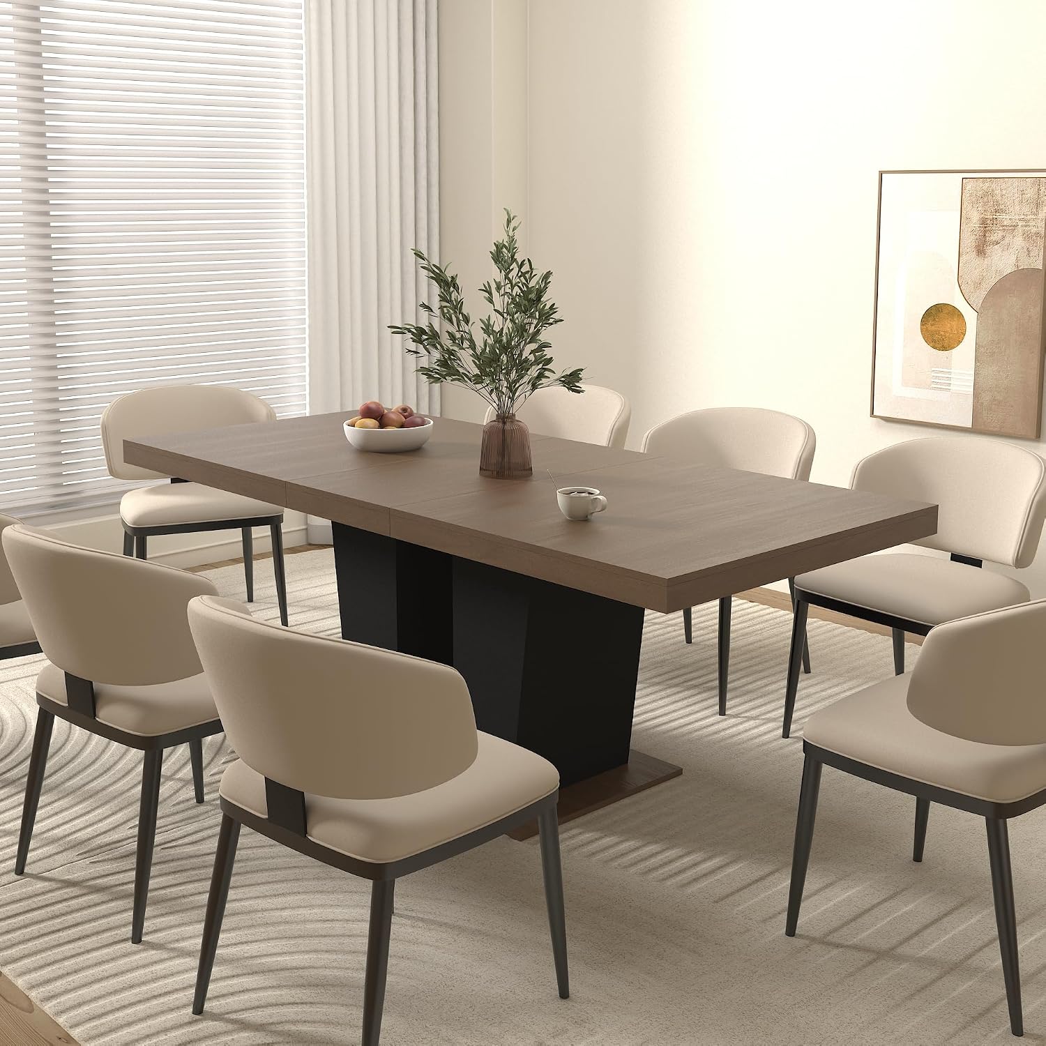 78.74'' Extendable Rectangular Dining Table for 4-8, Modern Mid-Century Wood Expandable Kitchen Dinner Conference Table for Living Room Office, 2 Widen Pedestal Base, Brown