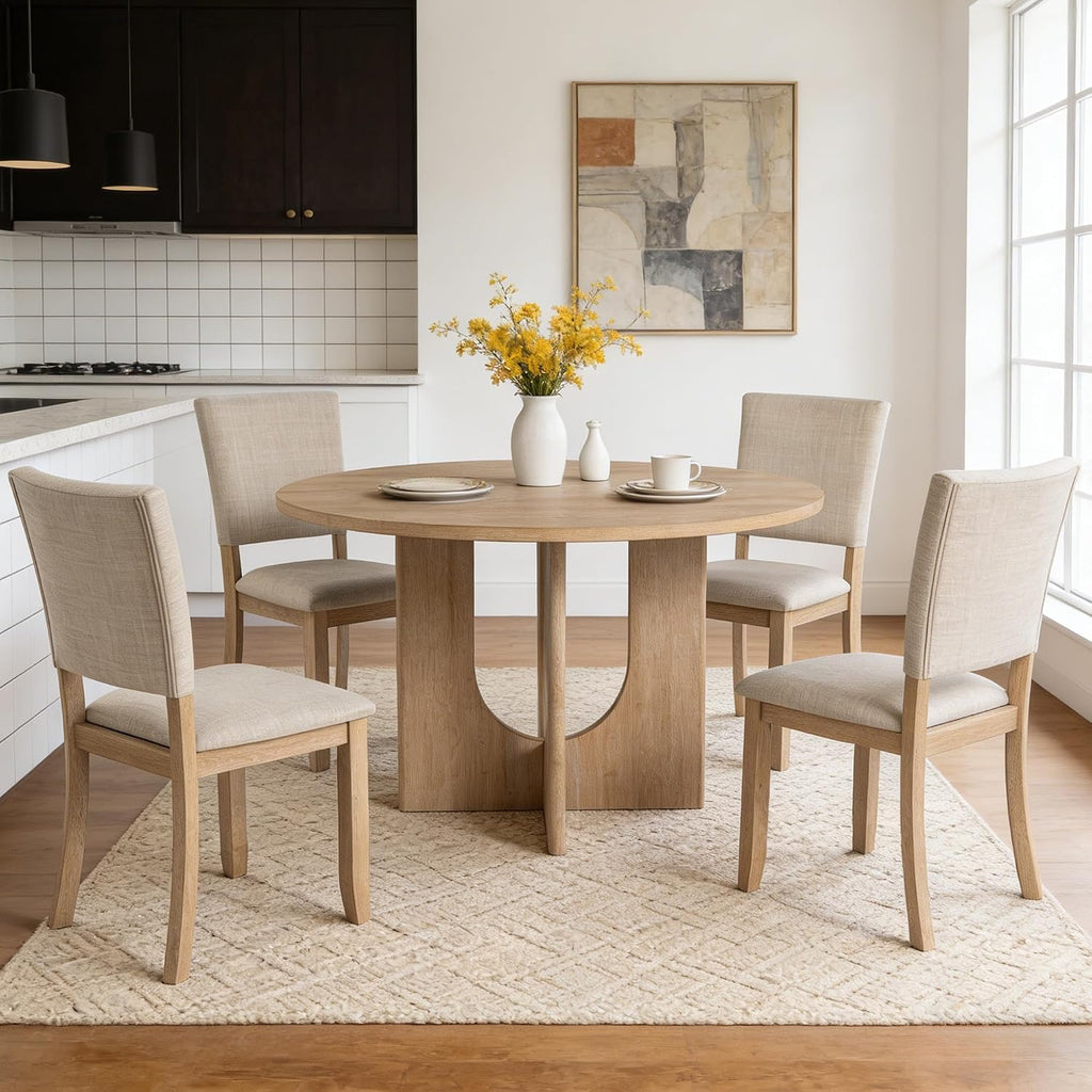 leovanni Round Dining Table Set for 4, Kitchen Table with 4 Upholstered Chairs, 5-Piece Wood Dining Table and Chairs Set for Kitchen, Dining Room, Living Room, Natural