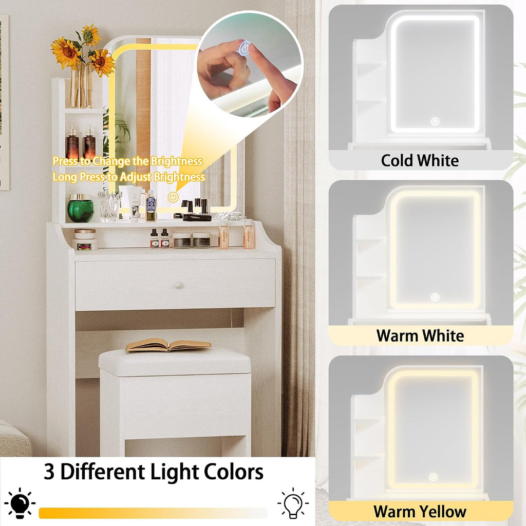 LIKIMIO Small Makeup Vanity Desk with Mirror and Lights, Vanity Table Set with Storage Drawer, Chair and Three Shelves, Bedroom, White