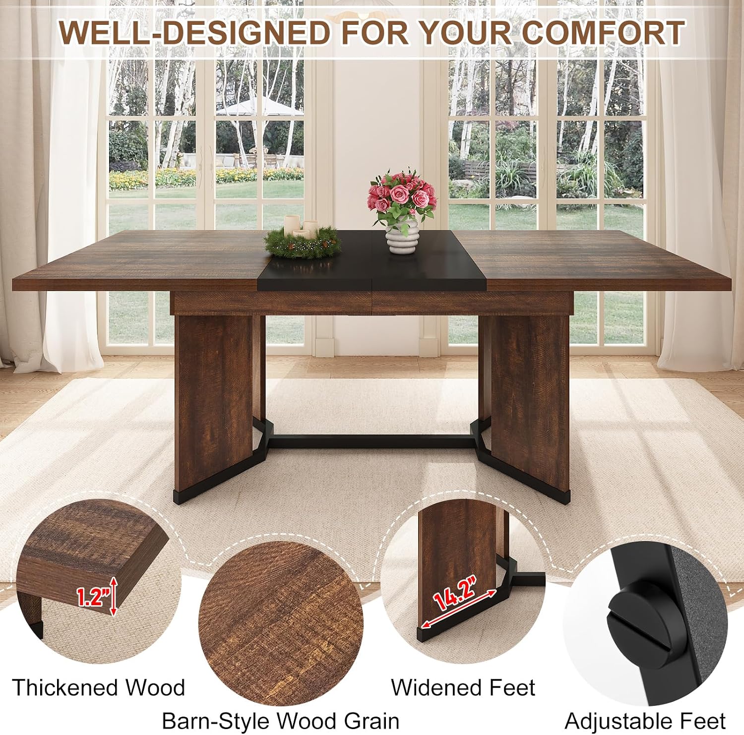 59'-86' Extendable Dining Table for 6 8 10 People,86' Farmhouse Rectangle Extending Dining Table w/Removable Leaves Space Saving,Wooden Adjustable Tables for Kitchen Office Living Room(BR+BK)