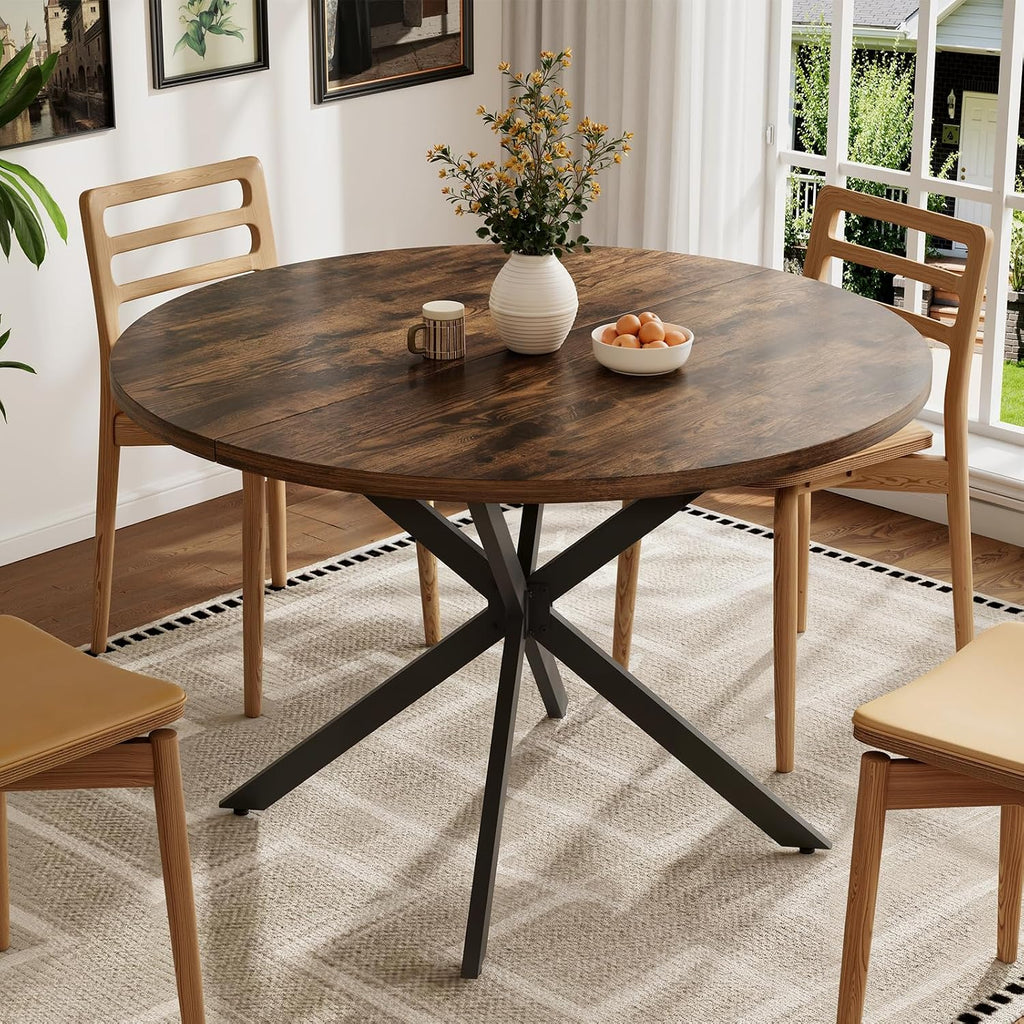 Vantic 47' Round Dining Table for 4-6 People, Farmhouse Wood Kitchen Table for Small Space,Circle Dining Table with Metal Base for Kitchen & Living Room, Rustic Brown