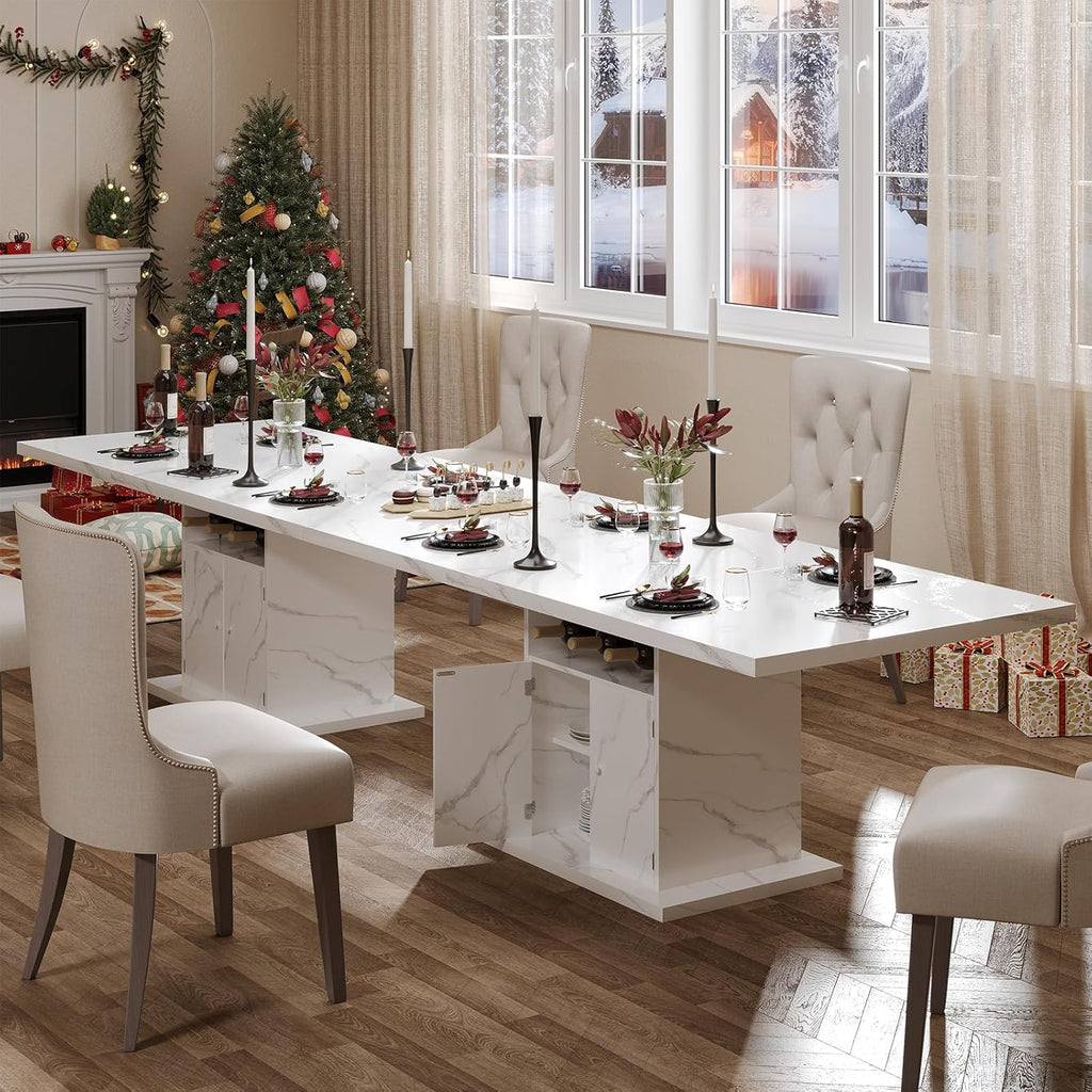 Extendable Dining Room Table for 4-6, 47-63 Inch Rectangle Kitchen Dining Table with Storage, Expandable Modern Rectangle Dinner Table with Faux Marble Top for Kitchen, Dining Room, White Faux Marble