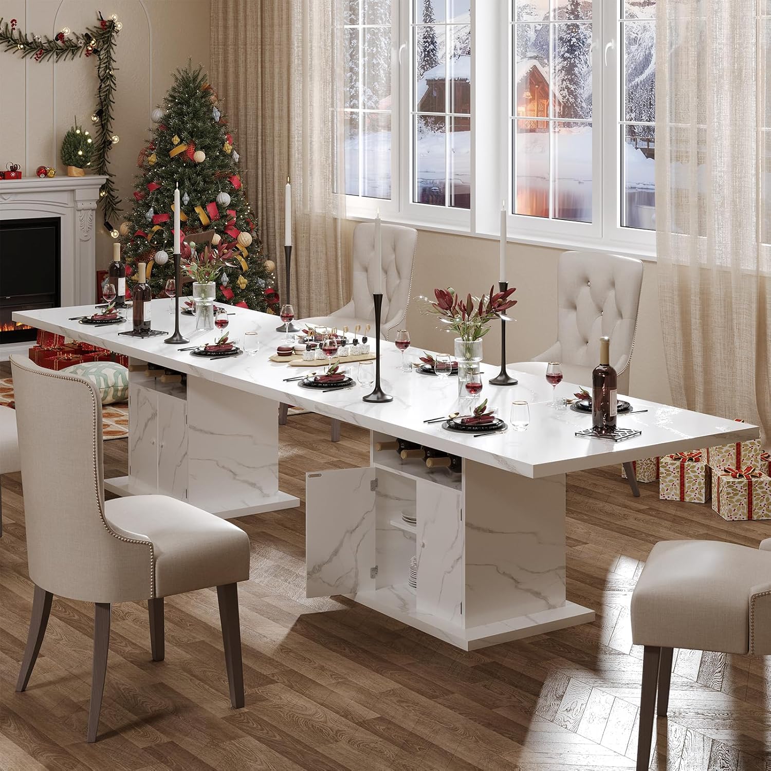 Extendable Dining Room Table for 4-6, 47-63 Inch Rectangle Kitchen Dining Table with Storage, Expandable Modern Rectangle Dinner Table with Faux Marble Top for Kitchen, Dining Room, White Faux Marble