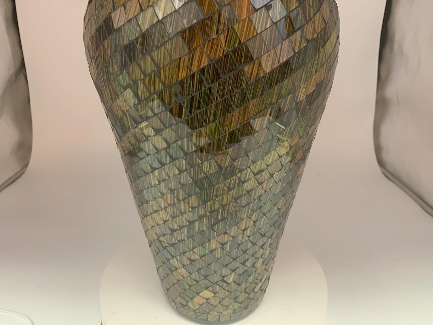 Floor Vase, 18 Inch Mosaic Vase – Tall Cylinder Made of Terracotta with Brown, Black, and Olive Green Glass Mosaic Pieces – Handcrafted Decorative Home Décor Accent Piece for Bedroom, Office