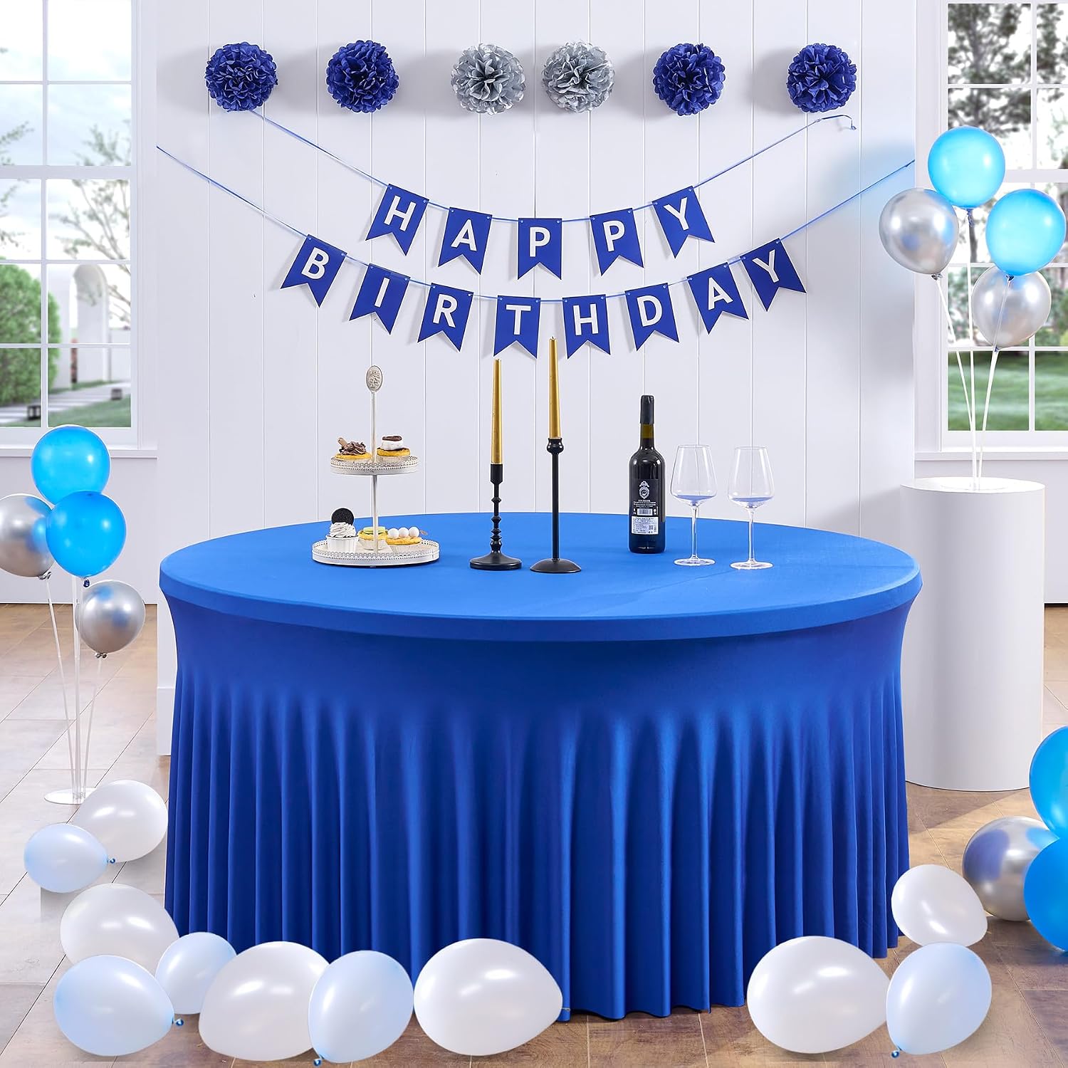 Outpain 12 Pack Spandex Royal Blue Round Tablecloths for 60in Tables, 120Inch Stretchy Fitted 5FT Round Table Clothes,Wrinkle Free Table Cover with Skirt for Wedding Party Dining Banquet