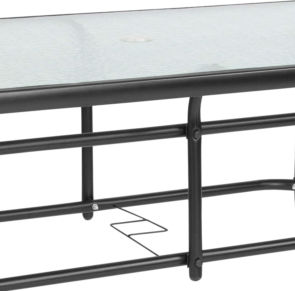 Flash Furniture Tory 31.5' x 55' Rectangular Tempered Glass Metal Patio Table with Umbrella Hole, Modern Rippled Glass Outdoor Dining Table, Black