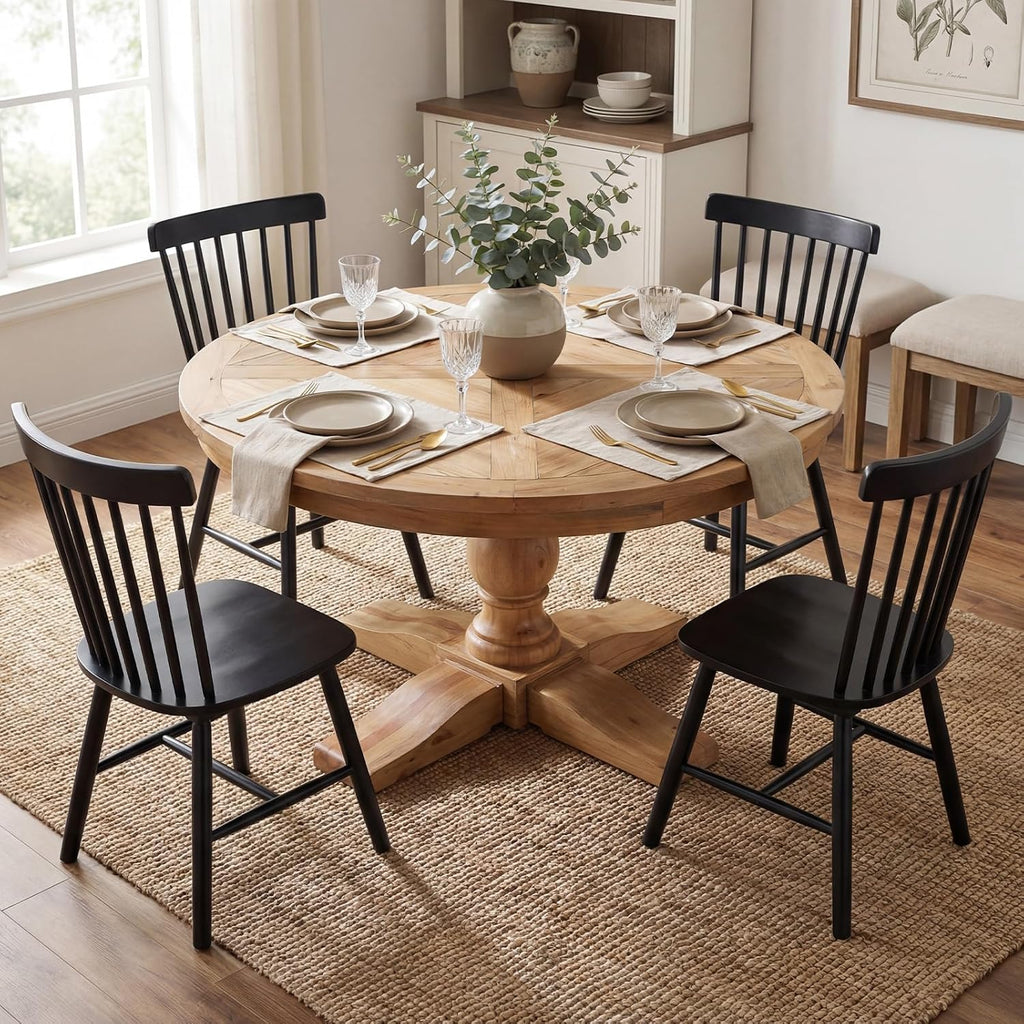 60' Round Dining Table, Reclaimed Wood Kitchen Table for 6-8, Farmhouse Circle Kitchen Table with Pedestal Curved Leg for Kitchen Dining Room Restaurant - Natural