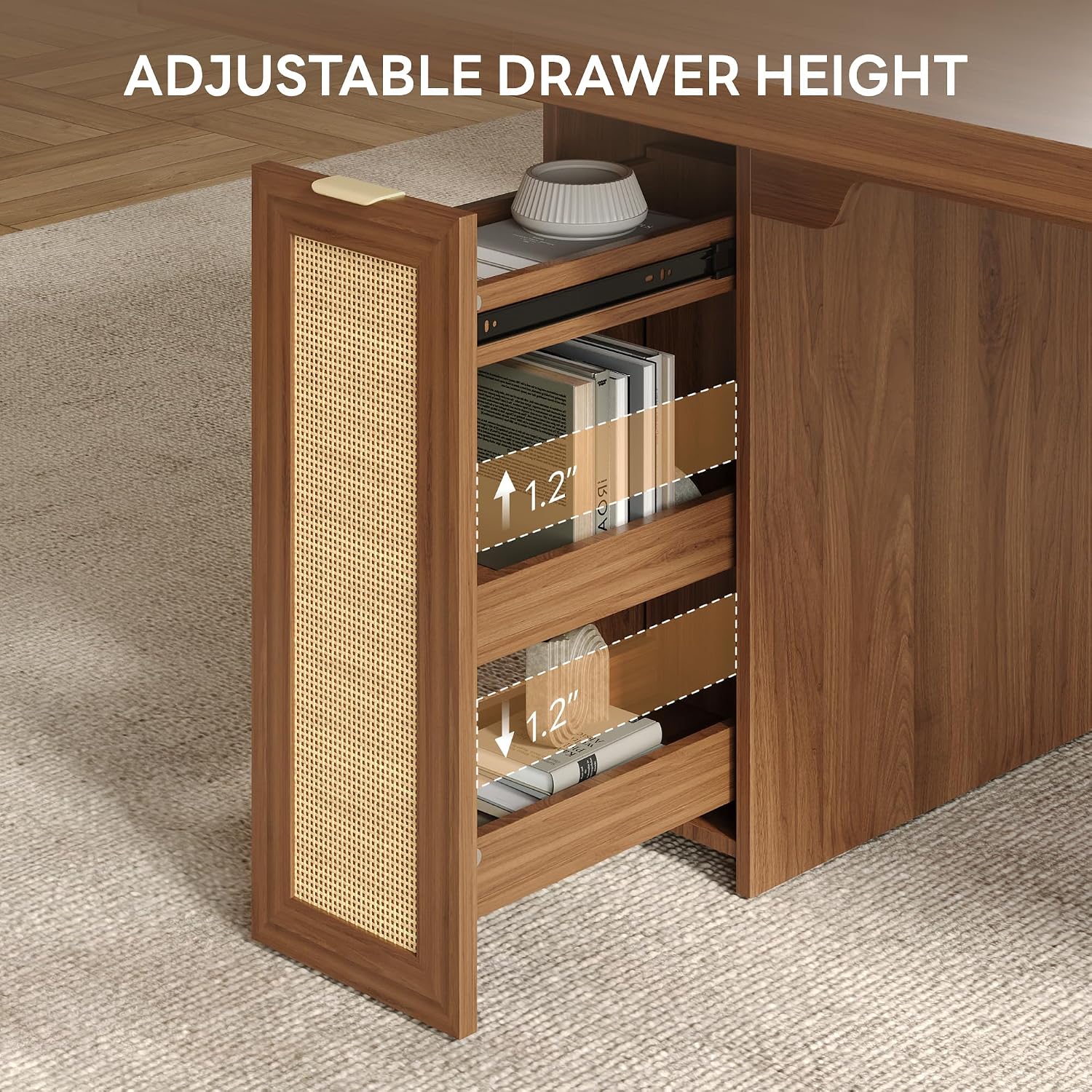 LIKIMIO 78.7' Farmhouse Dining Table for 6-8 People, Extra Thick Wood Top with 2 Hidden Adjustable Storage Drawers, Modern Woven Rattan Table for Dining Room, Kitchen, Living Room, Vintage Brown