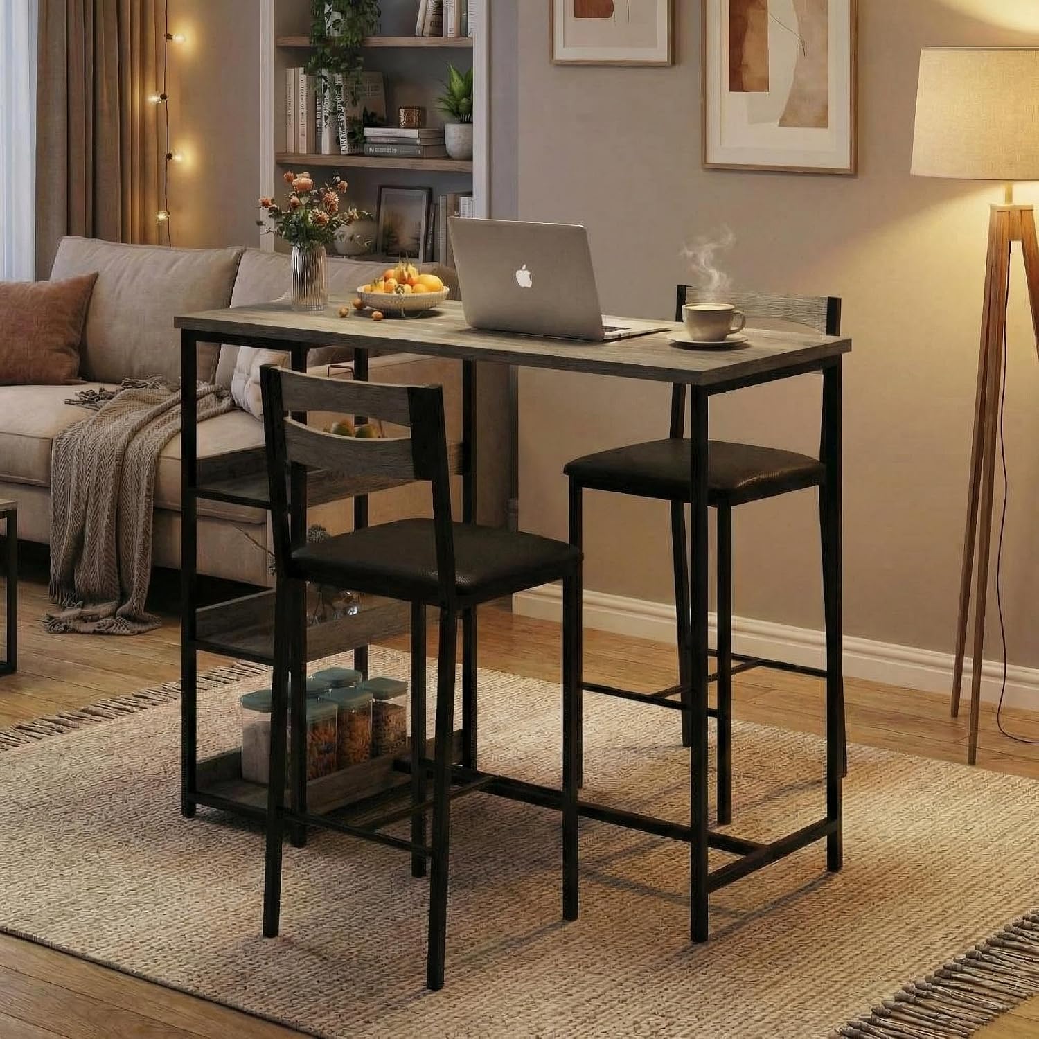 GarveeHome 3-Piece Kitchen Table Set with Storage Shelves & 2 Upholstered Chairs - Iron and Wood Dining Table for Small Spaces, Apartments, Condos, Grey
