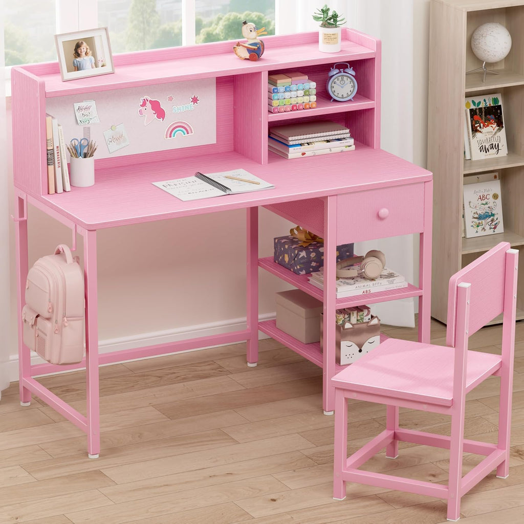 BOLUO Pink Kids Desk and Chair Set for 6-12 Year Old, Children Study Desk with Hutch and Storage Shelf, Student Writing Table with Fabric Drawer for Girls Boys