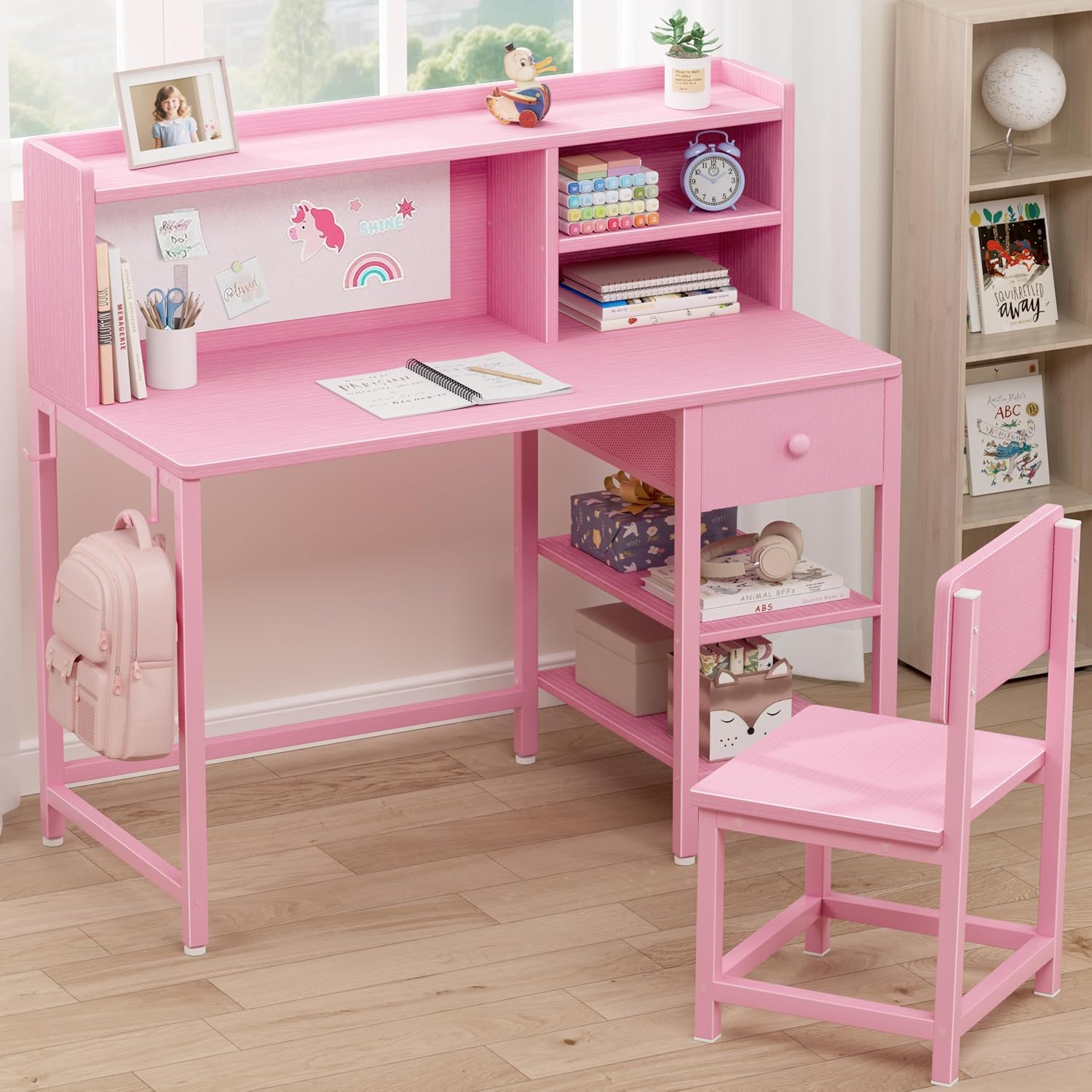 BOLUO Pink Kids Desk and Chair Set for 6-12 Year Old, Children Study Desk with Hutch and Storage Shelf, Student Writing Table with Fabric Drawer for Girls Boys