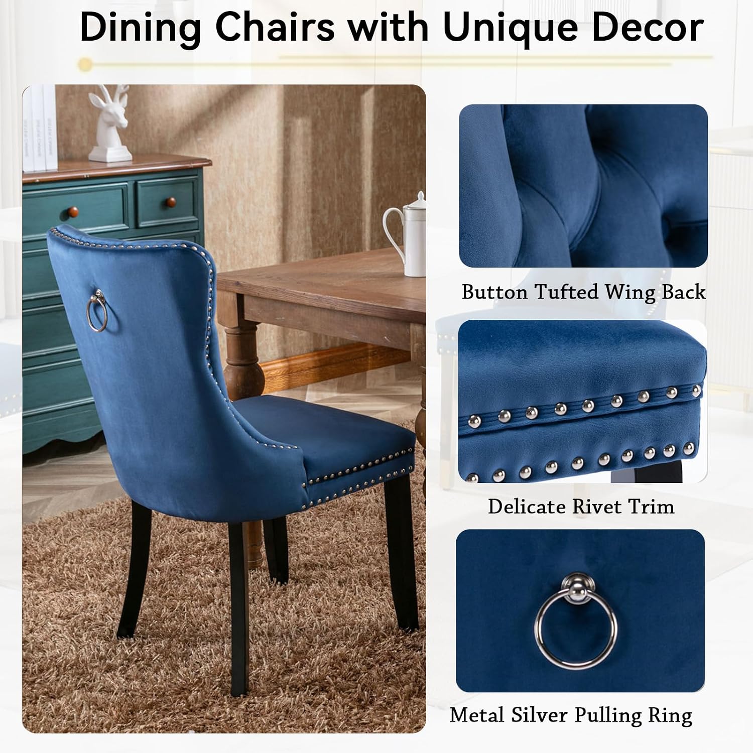 Henf 7 Pieces Extendable Dining Table Set for 6, 63'-79' Faux Mars Kitchen Table Set with 6 Blue Chairs, Faux Marble Expandable Dining Room Tables Set for 6,Modern Dinner Tables Set for 6