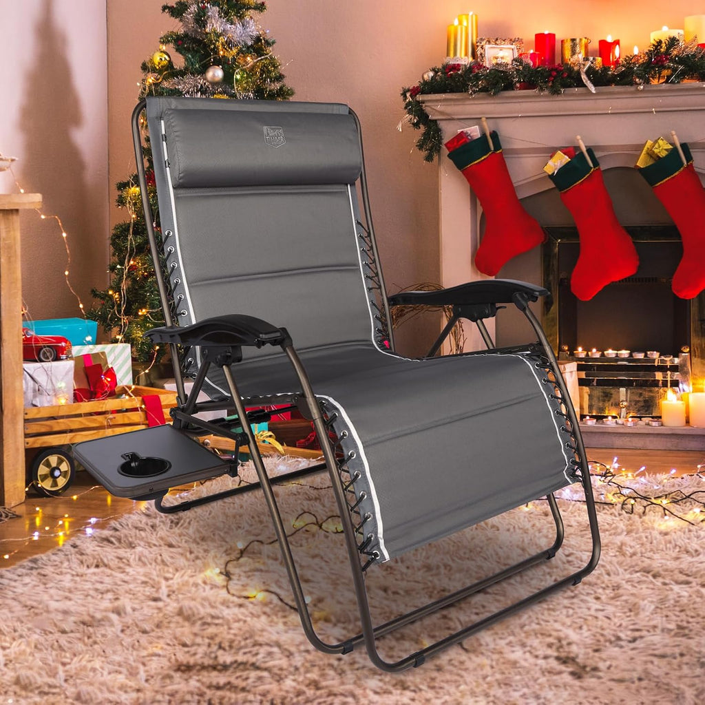 Timber Ridge Oversized Zero Gravity Chair, 33In Wide XXL Zero Gravity Reclining Chair with Side Table, Full Padded Lounge Chair for Outdoor Camping Patio Lawn, Heavy Duty Supports 500lbs, Grey-2 Pack
