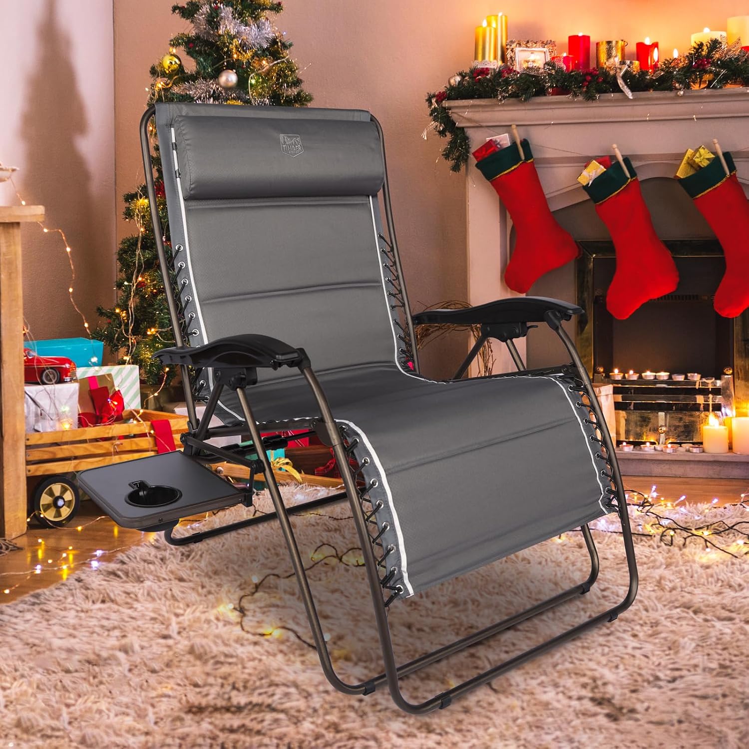 Timber Ridge Oversized Zero Gravity Chair, 33In Wide XXL Zero Gravity Reclining Chair with Side Table, Full Padded Lounge Chair for Outdoor Camping Patio Lawn, Heavy Duty Supports 500lbs, Grey-2 Pack