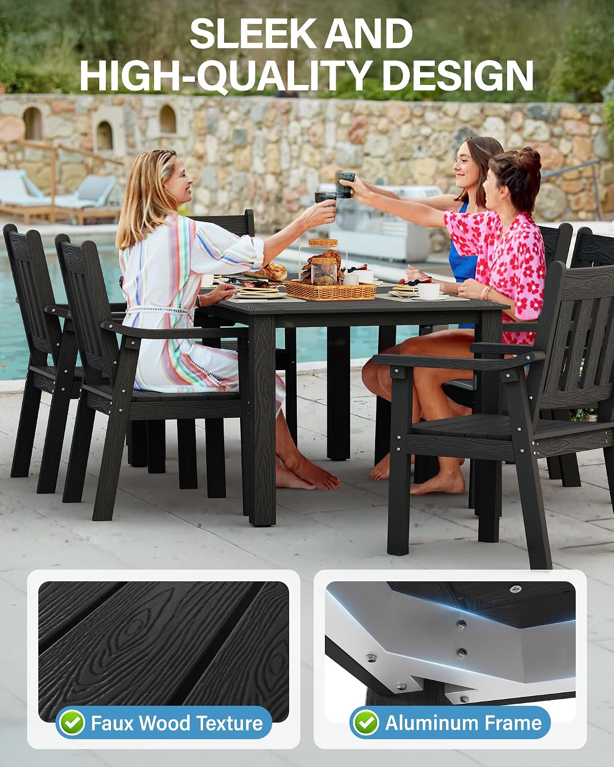 YEFU HIPS Patio Table Set: 5 Piece Outdoor Table and Chairs Dining Furniture Set with Umbrella Hole - Black Modern Plastic Dining Sets 4 Person for Outside Deck with Metal Aluminum Frame