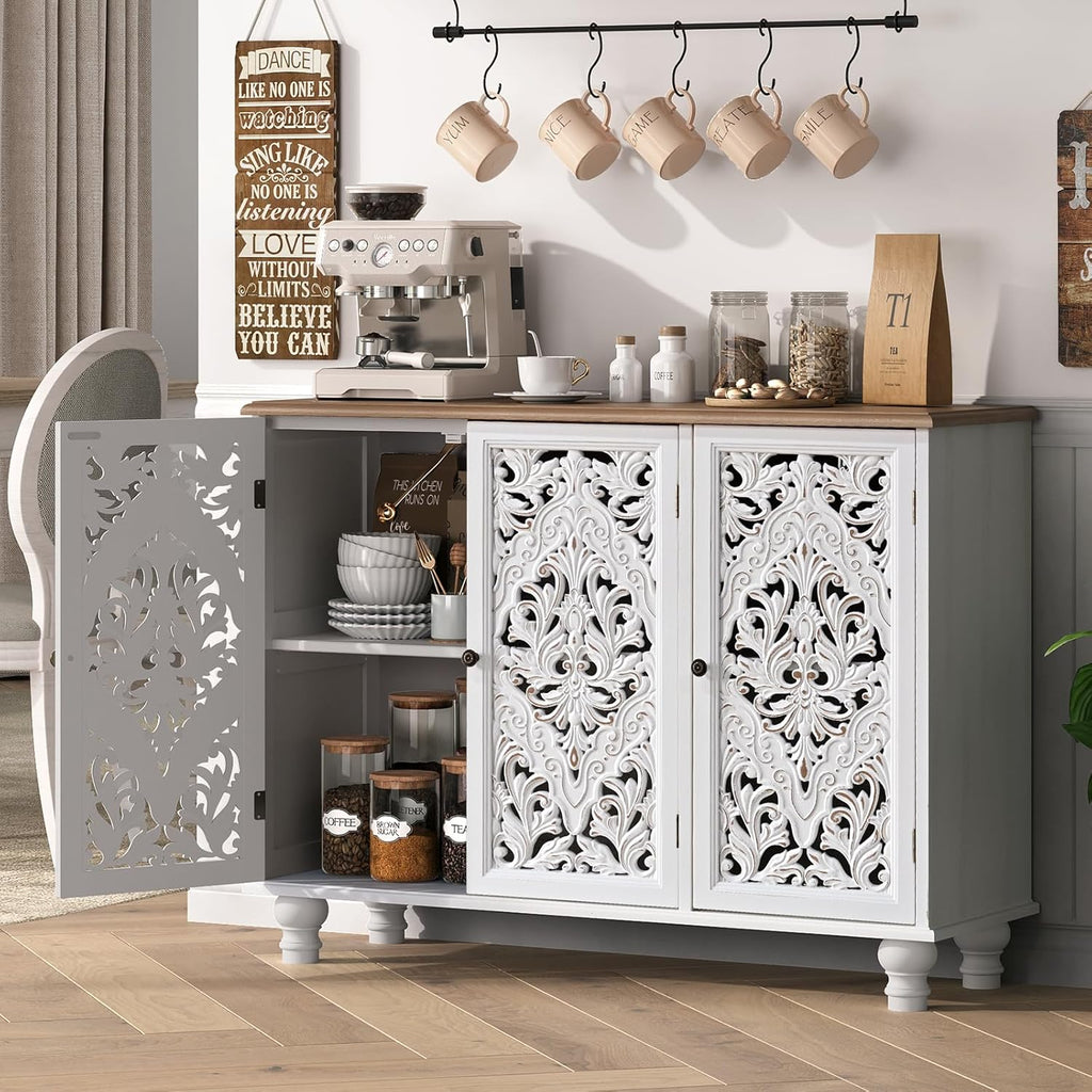 JOINICE Accent Cabinet with 3 Carved Doors,Farmhouse Buffet Cabinet with Storage for Living Room, Entryway, Dining Room, Coffee Bar(White)