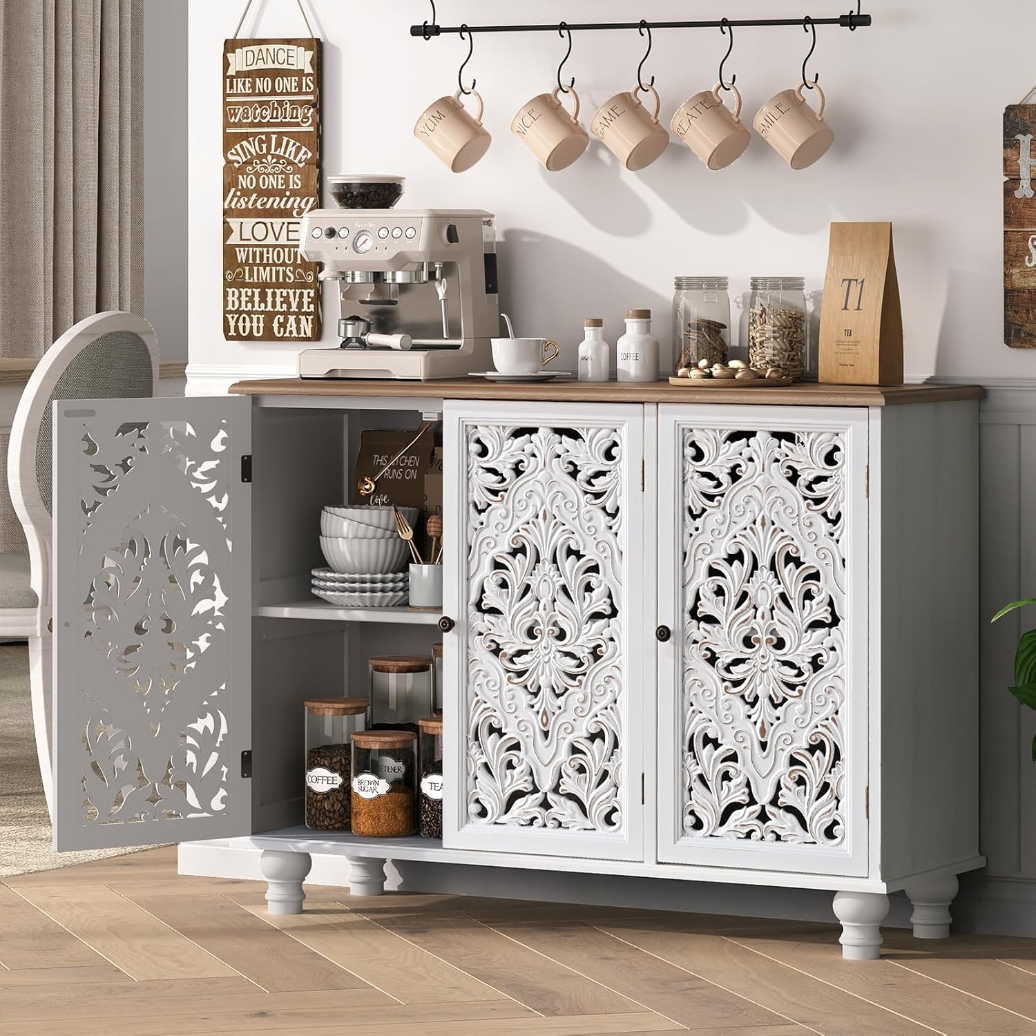 JOINICE Accent Cabinet with 3 Carved Doors,Farmhouse Buffet Cabinet with Storage for Living Room, Entryway, Dining Room, Coffee Bar(White)