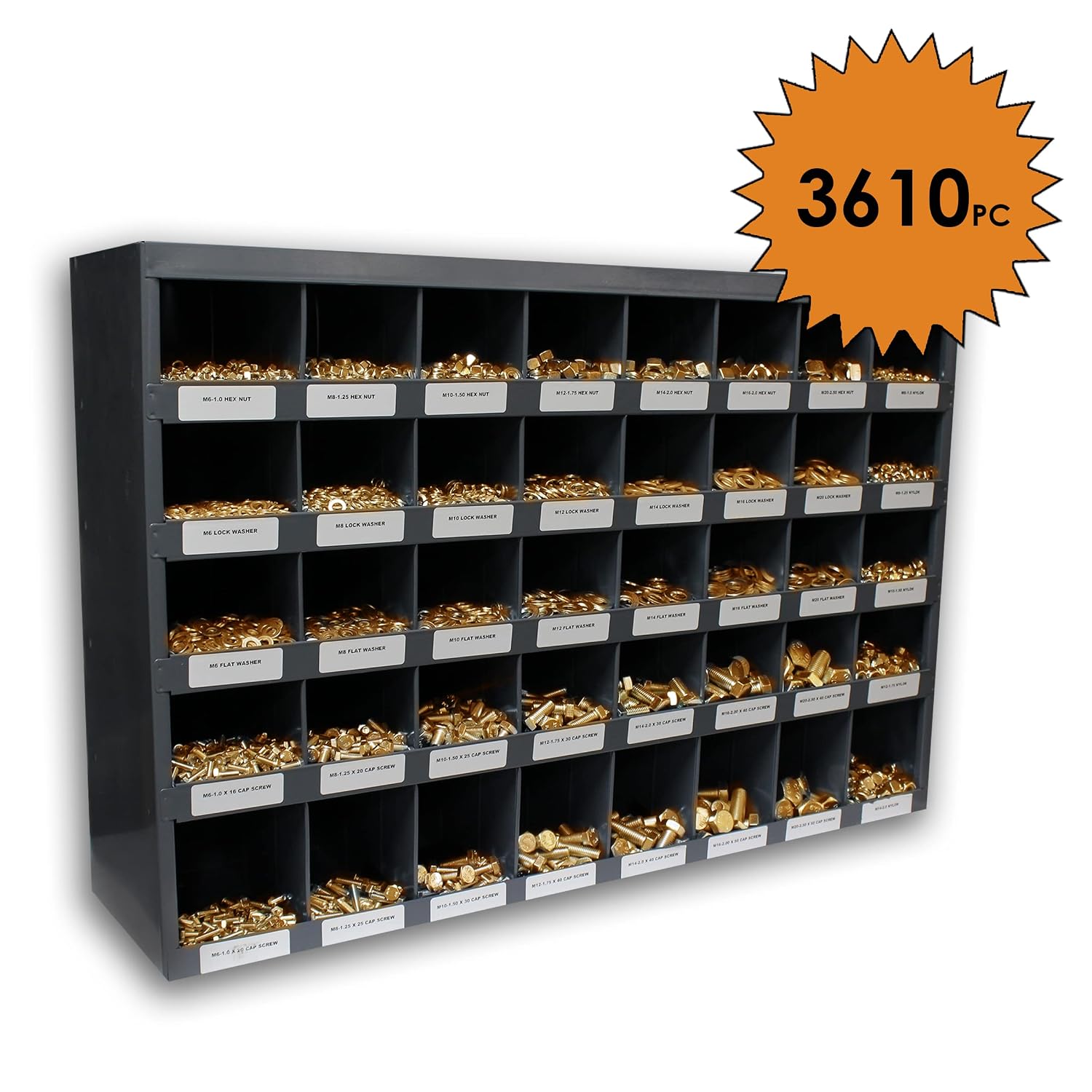 3,610 pcs Grade 8 Coarse Hardware Assortment Kit with Hex Cap Screws, Hex Nuts, Washers, & Durham 40 Hole Metal Bin