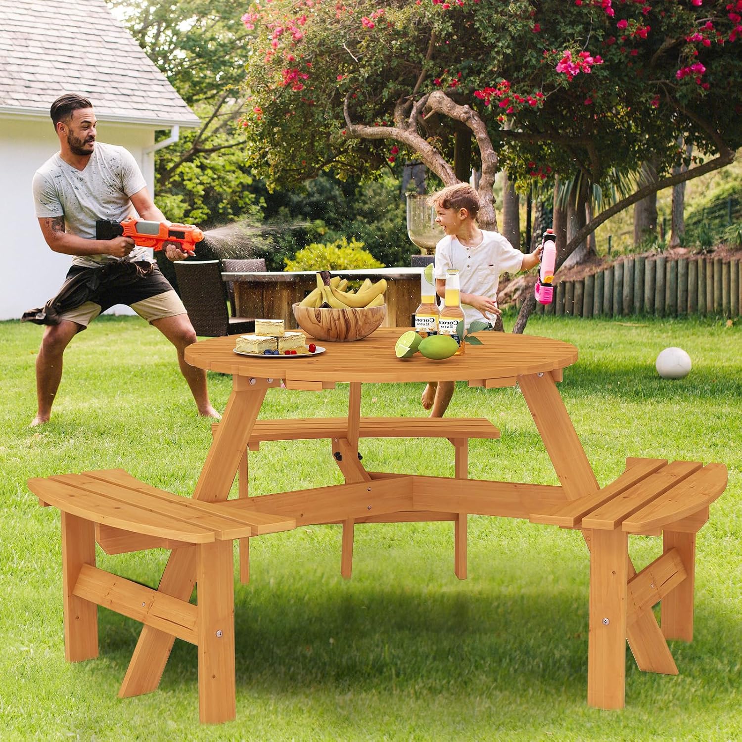 Giantex 6-Person Round Picnic Table Set with 3 Benches, 550 LBS Bench Capacity, 2' Umbrella Hole, Circular Outdoor Wood Dining Table & Chairs for Patio Yard Garden Porch Deck (68'x62'x28',Yellow)