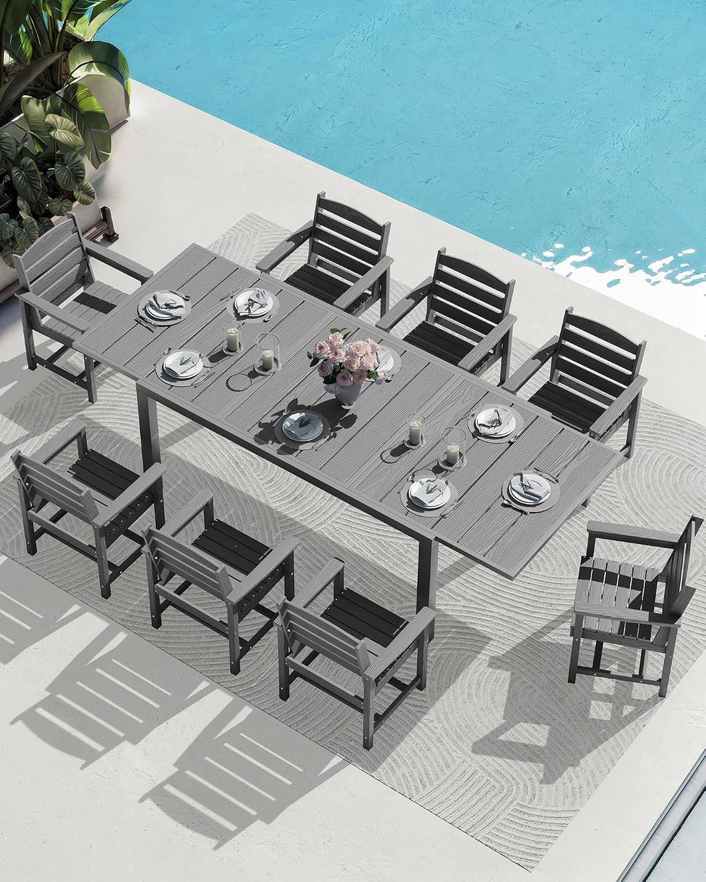 SERWALL 9-Piece Outdoor Dining Set, 60' - 83' Expandable Outdoor Dining Table and 8 HDPE Chairs, All Weather HDPE Outdoor Furniture Set for Backyard, Garden, Grey