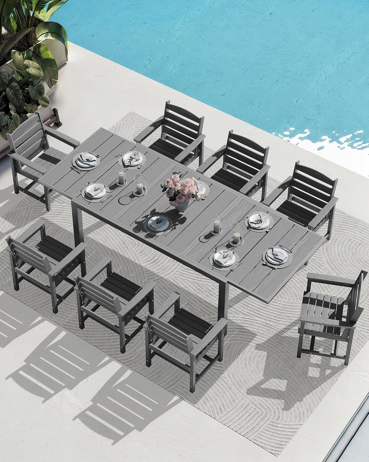 SERWALL 9-Piece Outdoor Dining Set, 60' - 83' Expandable Outdoor Dining Table and 8 HDPE Chairs, All Weather HDPE Outdoor Furniture Set for Backyard, Garden, Grey