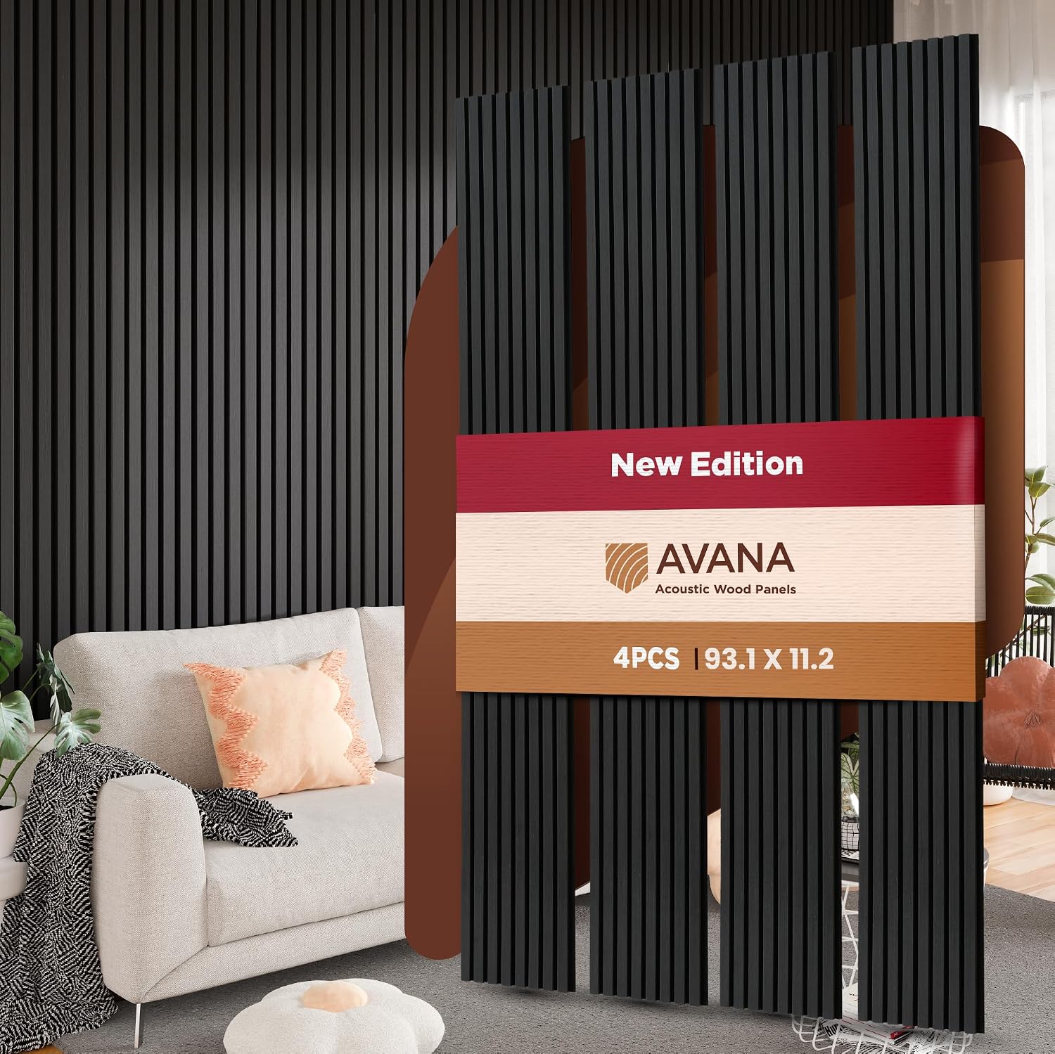 Avana Acoustic Wood Wall Panels – 93.2x11.25 Inch Panels – Fits 94x12 Layout – Black Oak Acoustic Panels 4 PCs – Wall Panels for Interior Wall Decor for Homes, Offices – Design Wood Panels for Wall