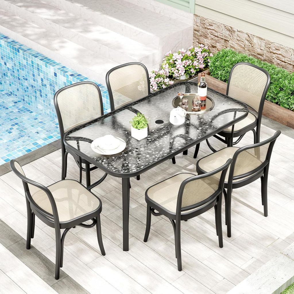 TLSUNNY Patio Outdoor Table W/ 1.69″ Umbrella Hole, 30'X 55' Rectangular Tempered Glass Patio Dining Table for 6, Outdoor Metal Furniture, All-Weather Use, for Patio, Graden, Backyard (Black)