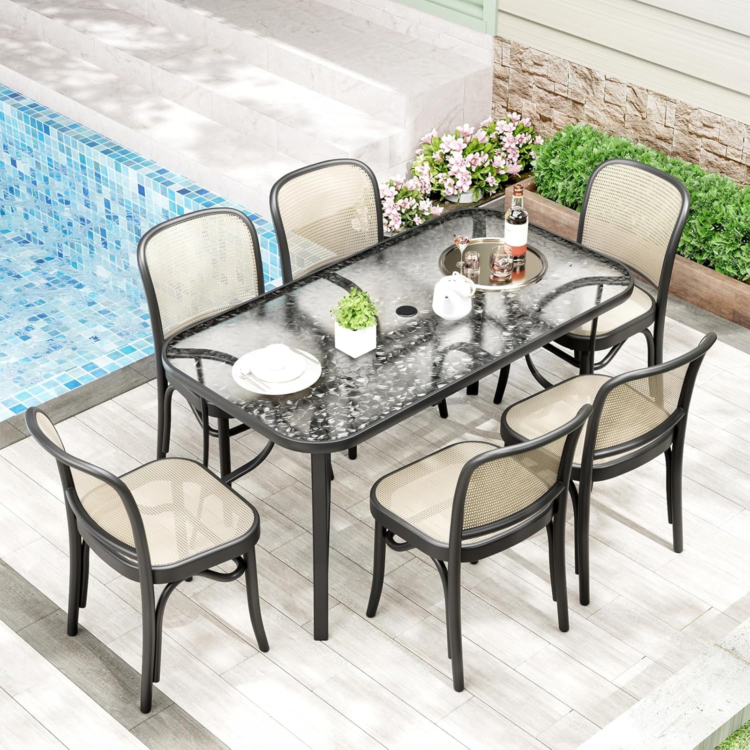TLSUNNY Patio Outdoor Table W/ 1.69″ Umbrella Hole, 30'X 55' Rectangular Tempered Glass Patio Dining Table for 6, Outdoor Metal Furniture, All-Weather Use, for Patio, Graden, Backyard (Black)