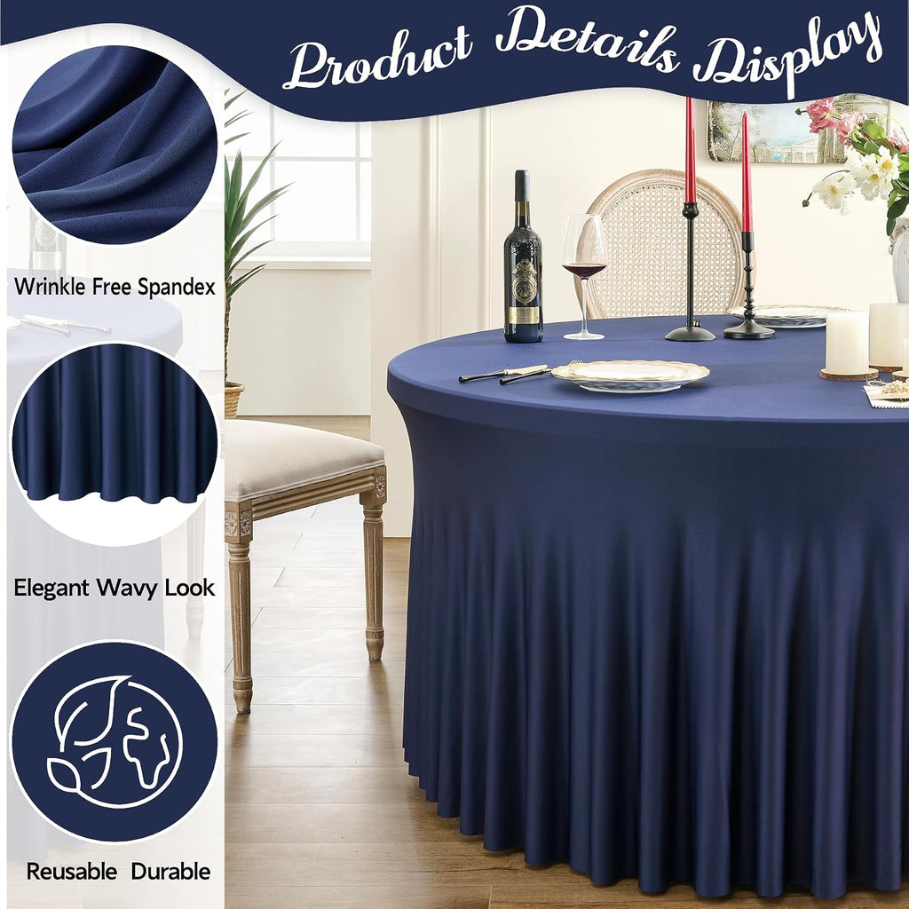 Outpain 8 Pack Navy Blue Spandex Round Tablecloths - Fitted 132in Wrinkle Free Table Covers with Skirt for 72in Table, Wedding Party Dining Banquet