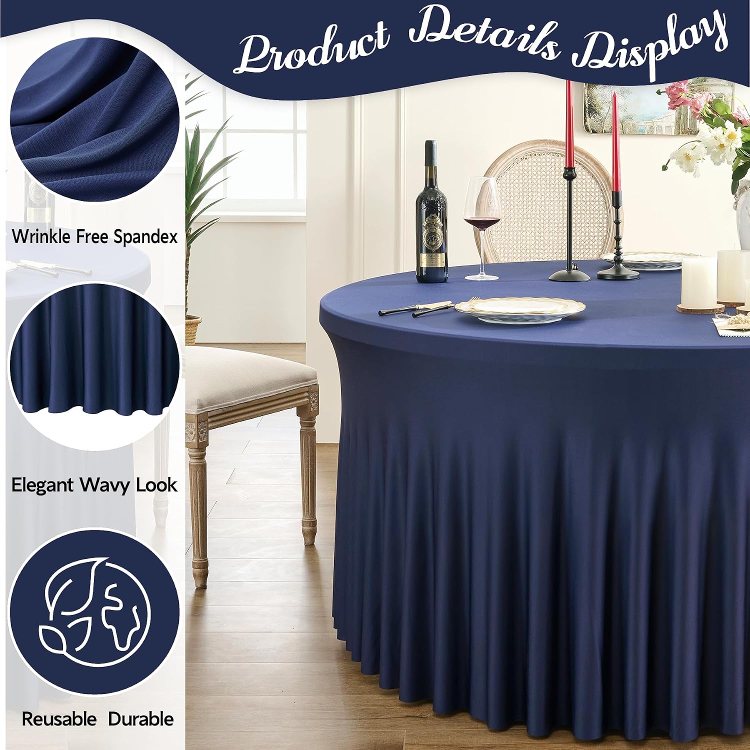 Outpain 8 Pack Navy Blue Spandex Round Tablecloths - Fitted 132in Wrinkle Free Table Covers with Skirt for 72in Table, Wedding Party Dining Banquet