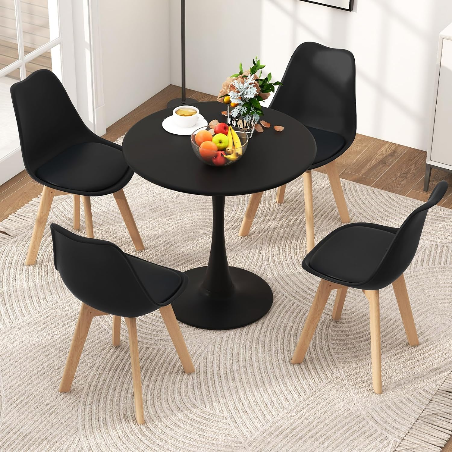 Tangkula Round Dining Table Set for 4, Kitchen Table Set with Padded Seat & Solid Wood Legs, Round Kitchen Table and Chairs for Small Space, Black (Black)